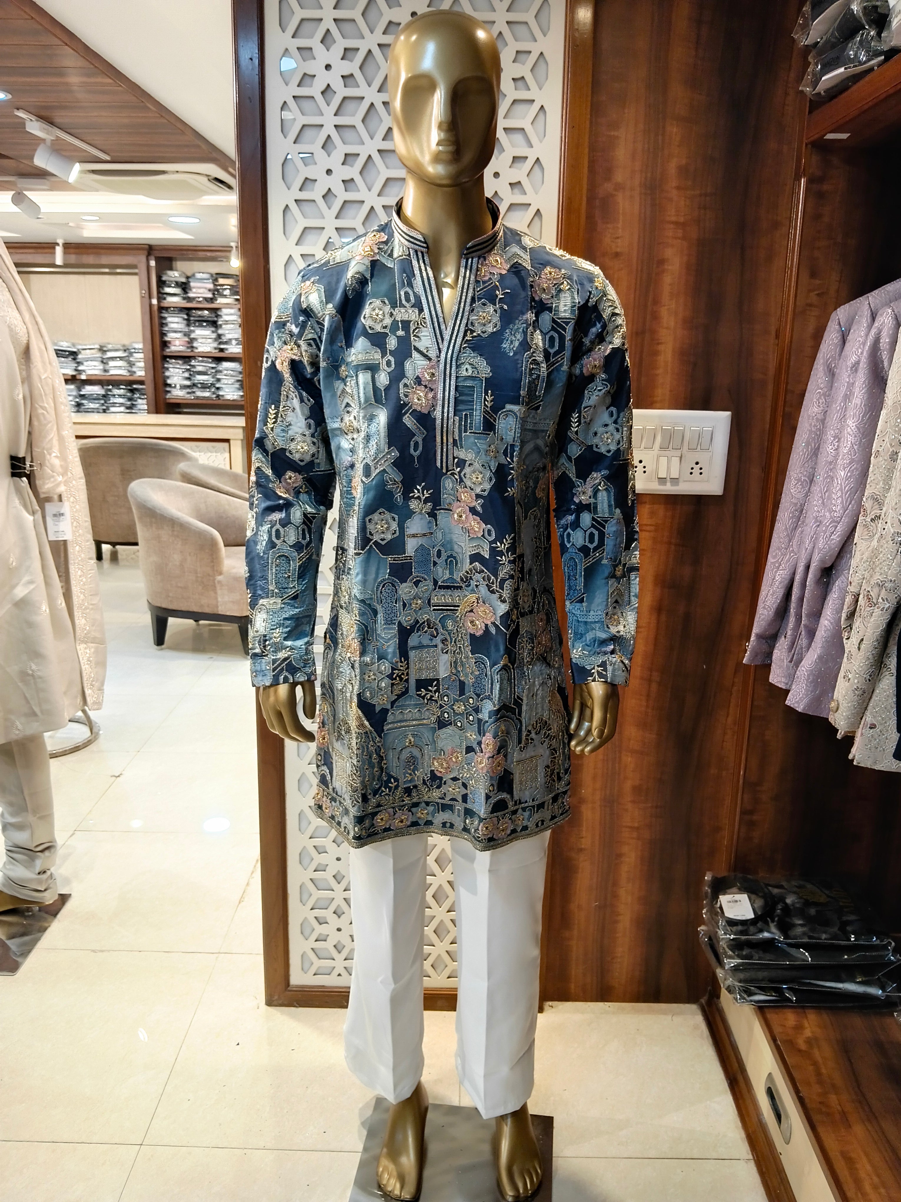 Blue Printed Kurta Pajama for Men