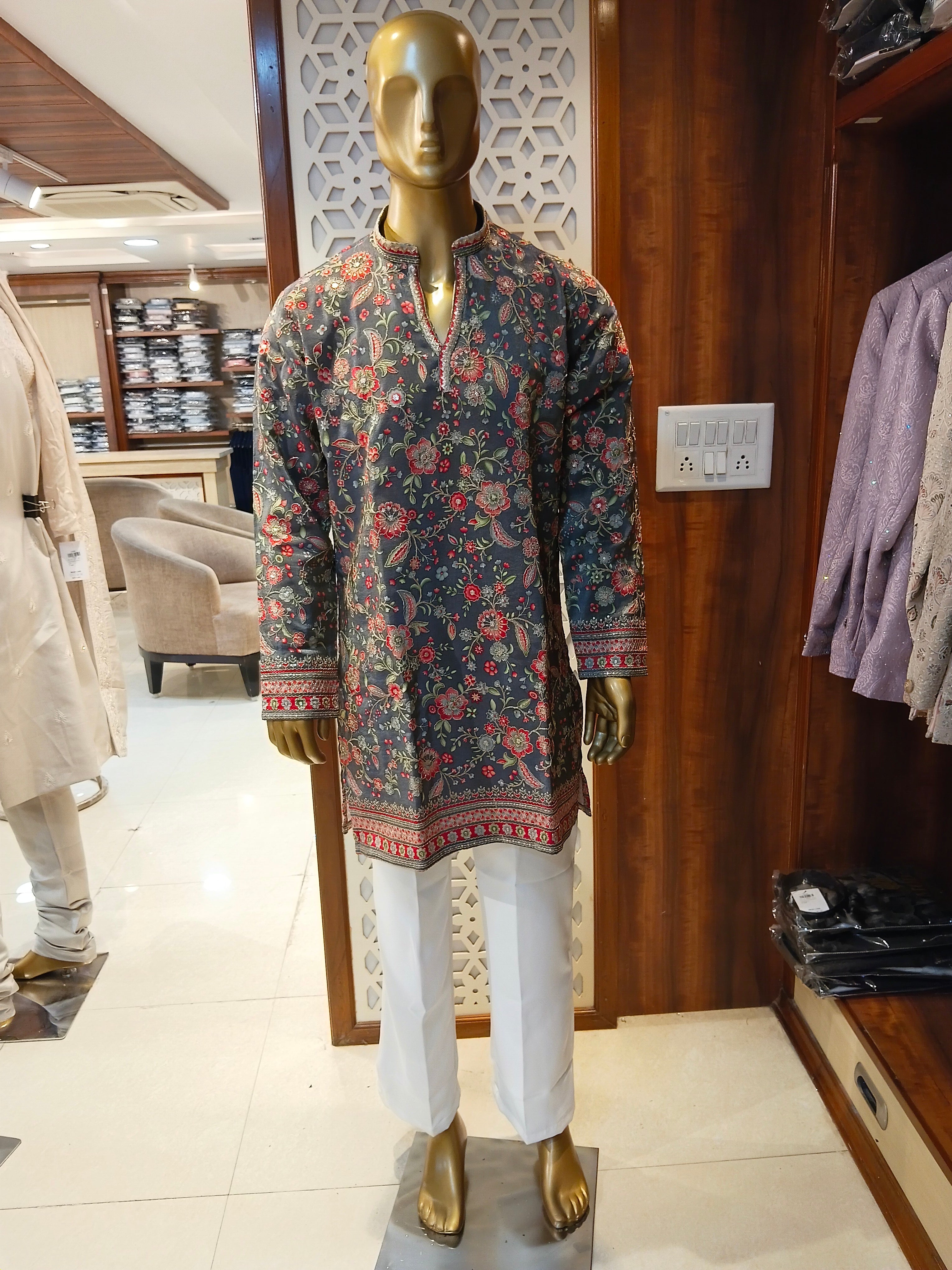 Grey Embroidered  Kurta Pajama for Men