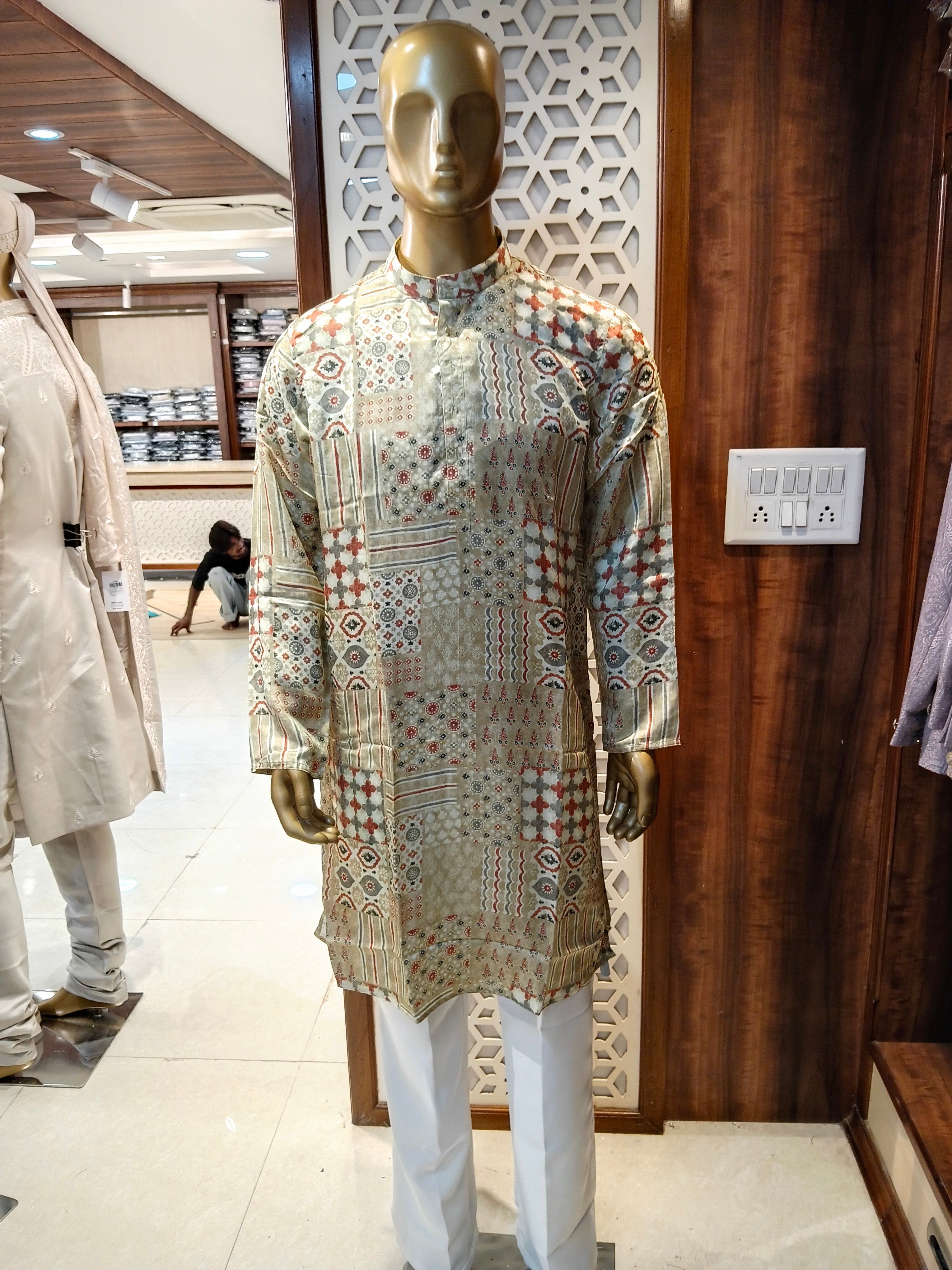Light Green Printed Kurta Pajama for Men
