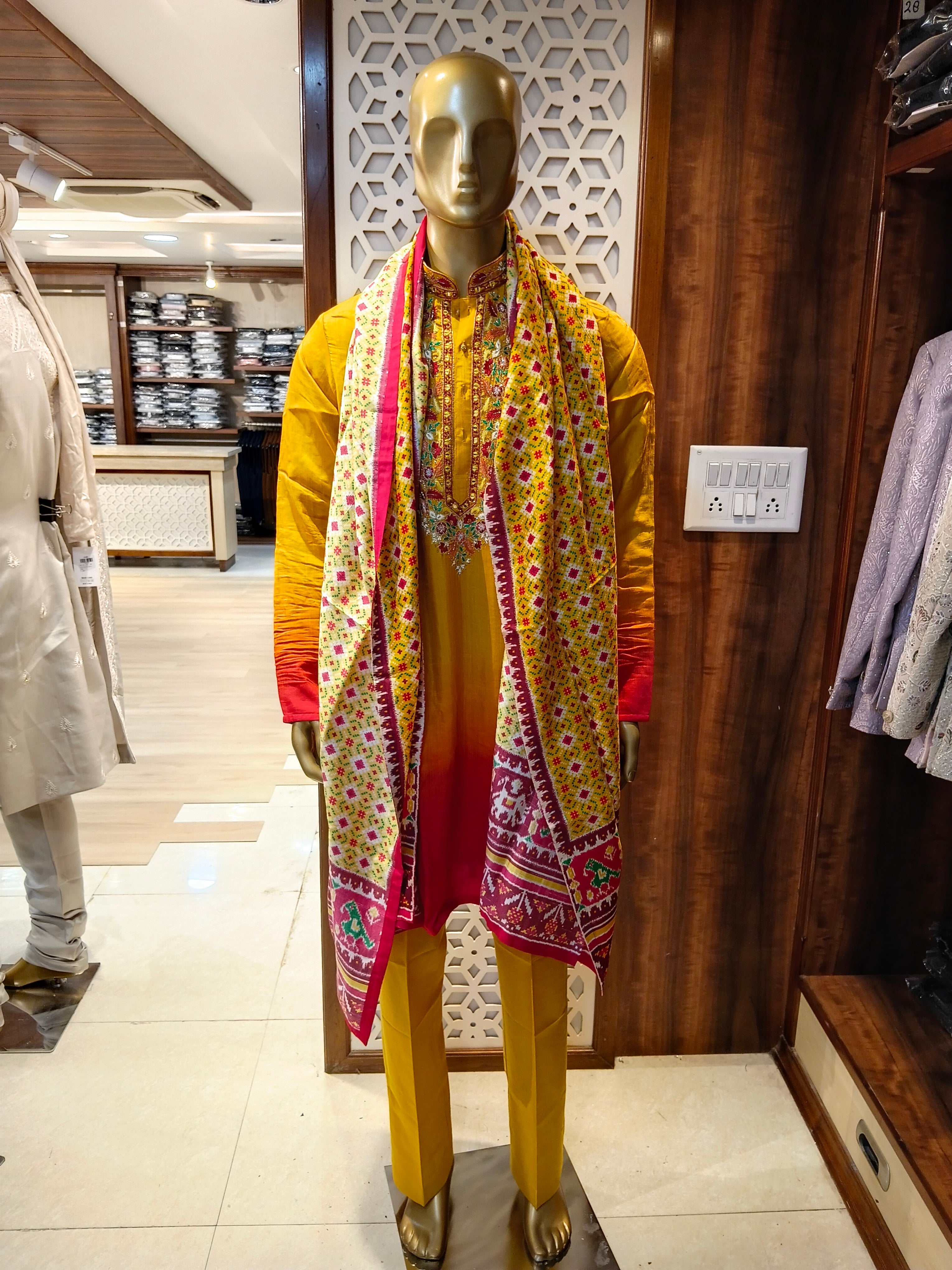 Yellow Embroidered Kurta Pajama With Dupatta  for Men