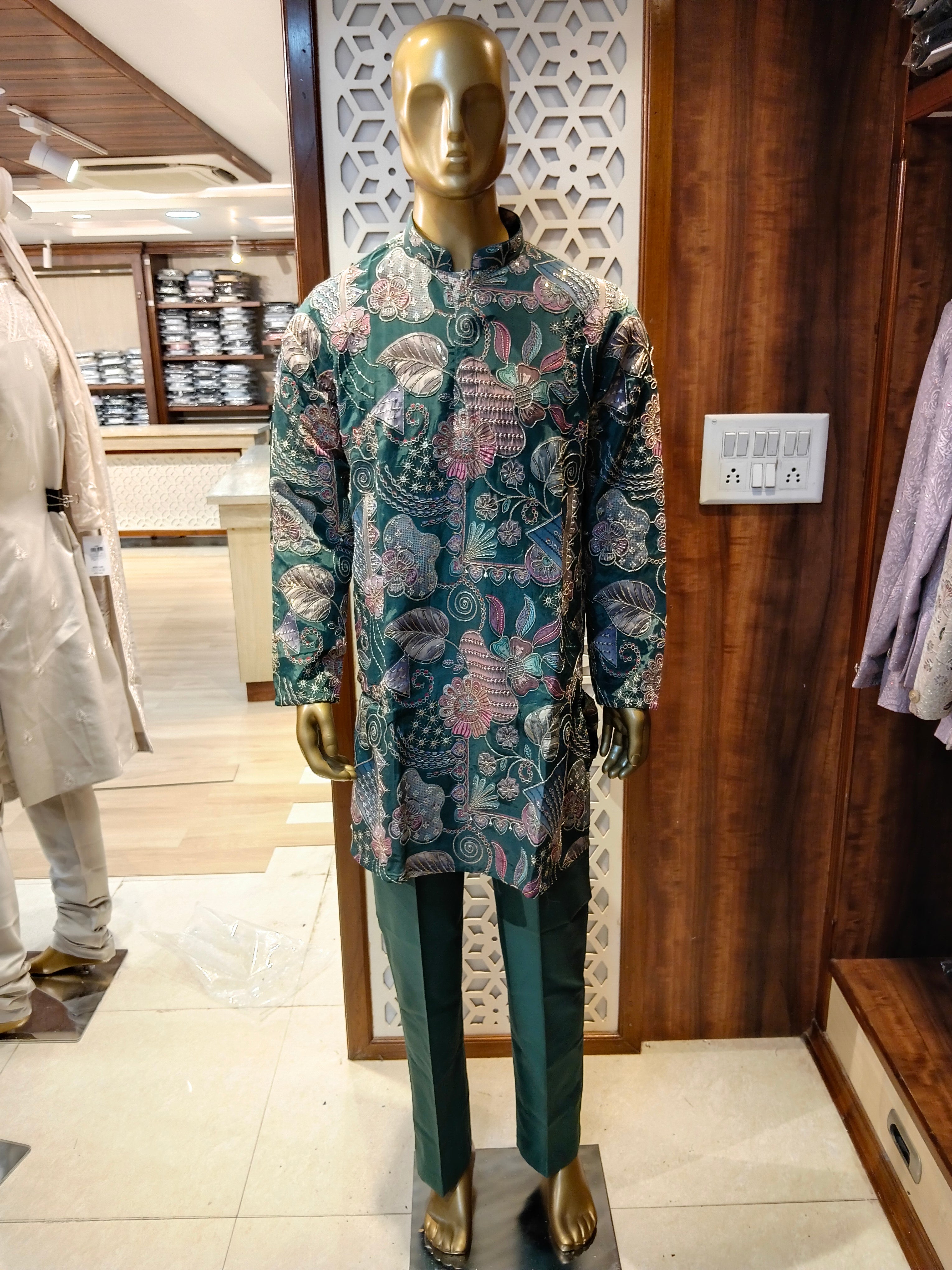 Green Embellished Kurta Pajama for Men