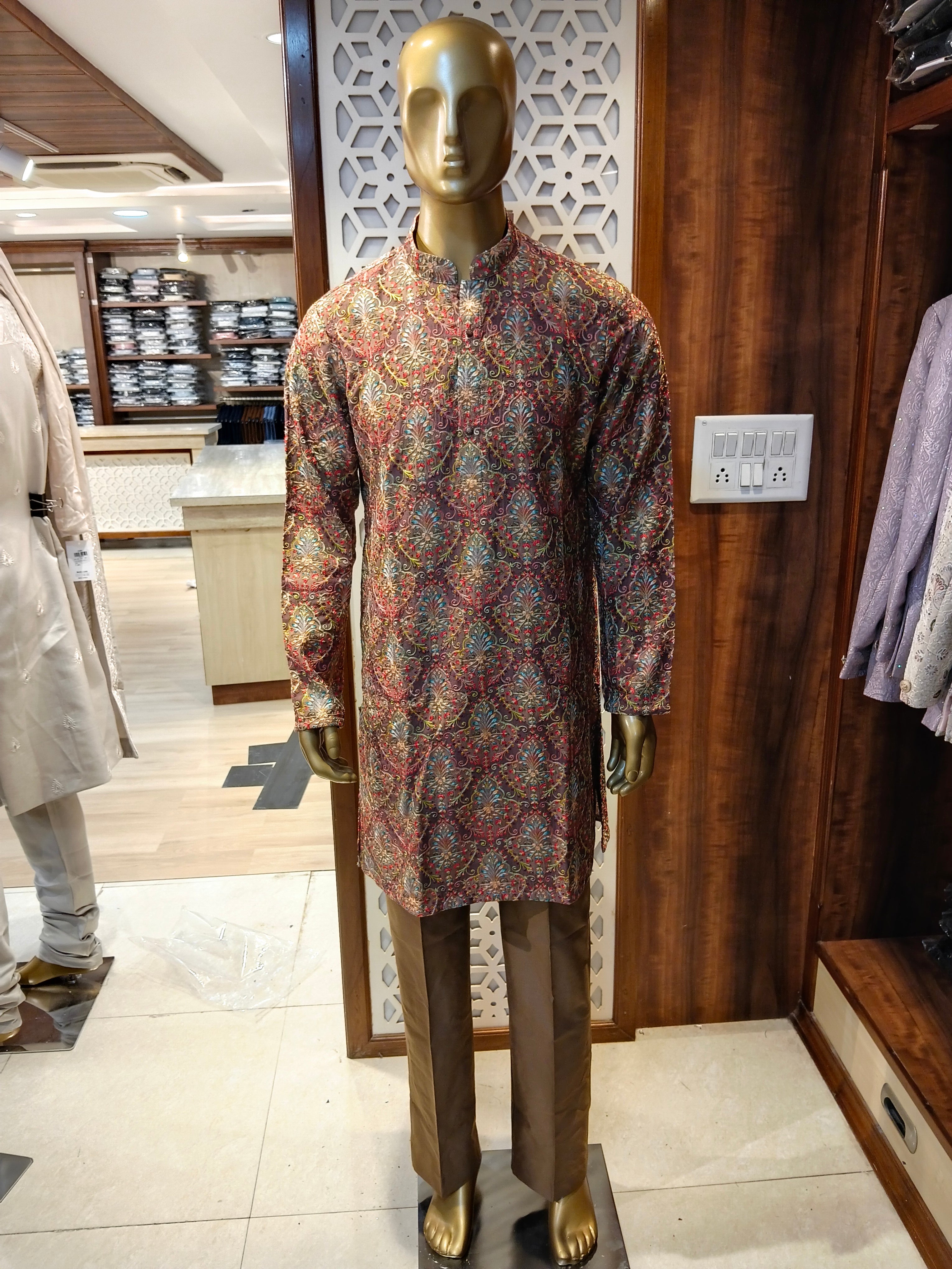 Dark Brown Embellished Kurta Pajama for Men