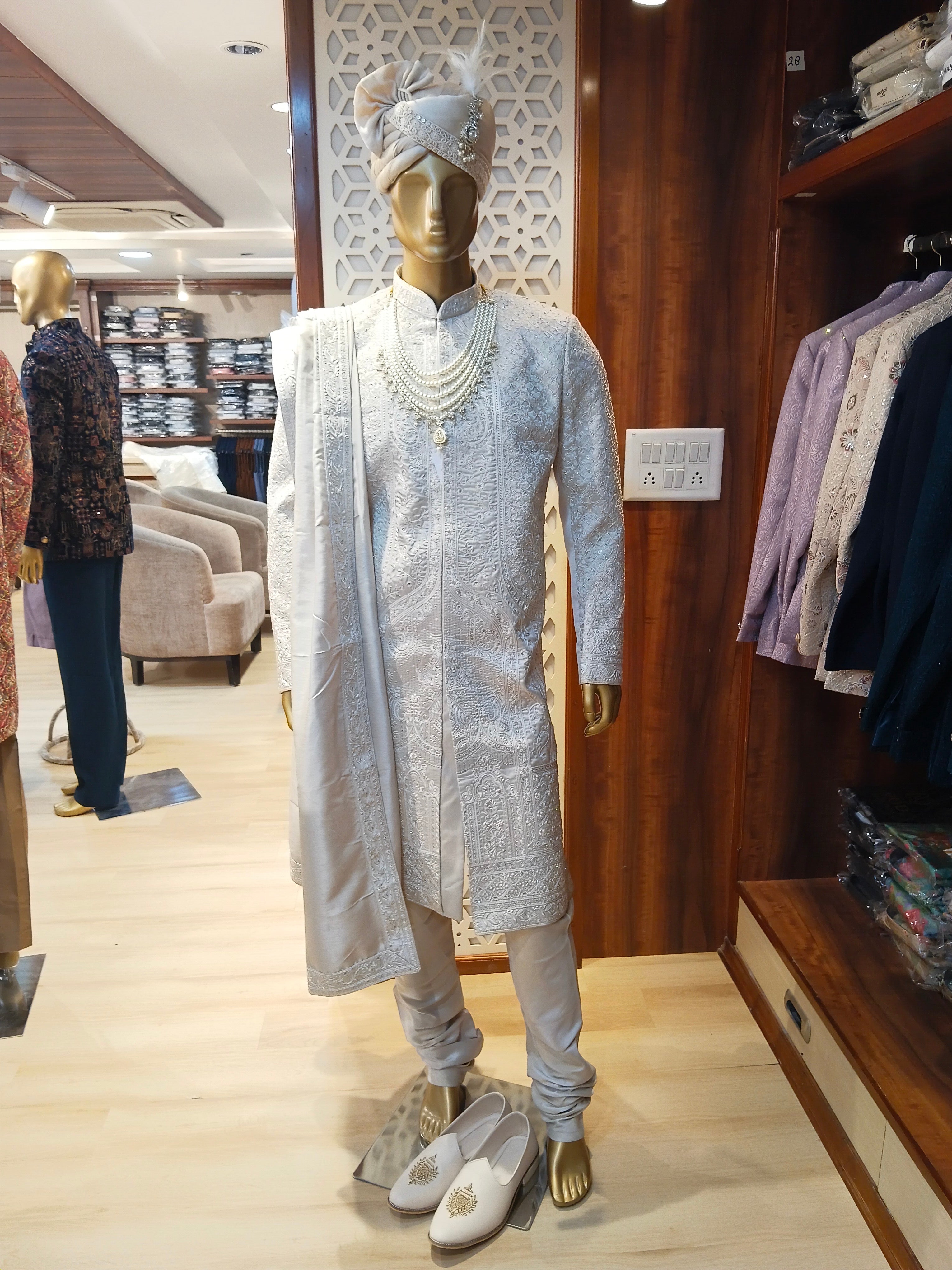 Ivory Embellished Sherwani For Men