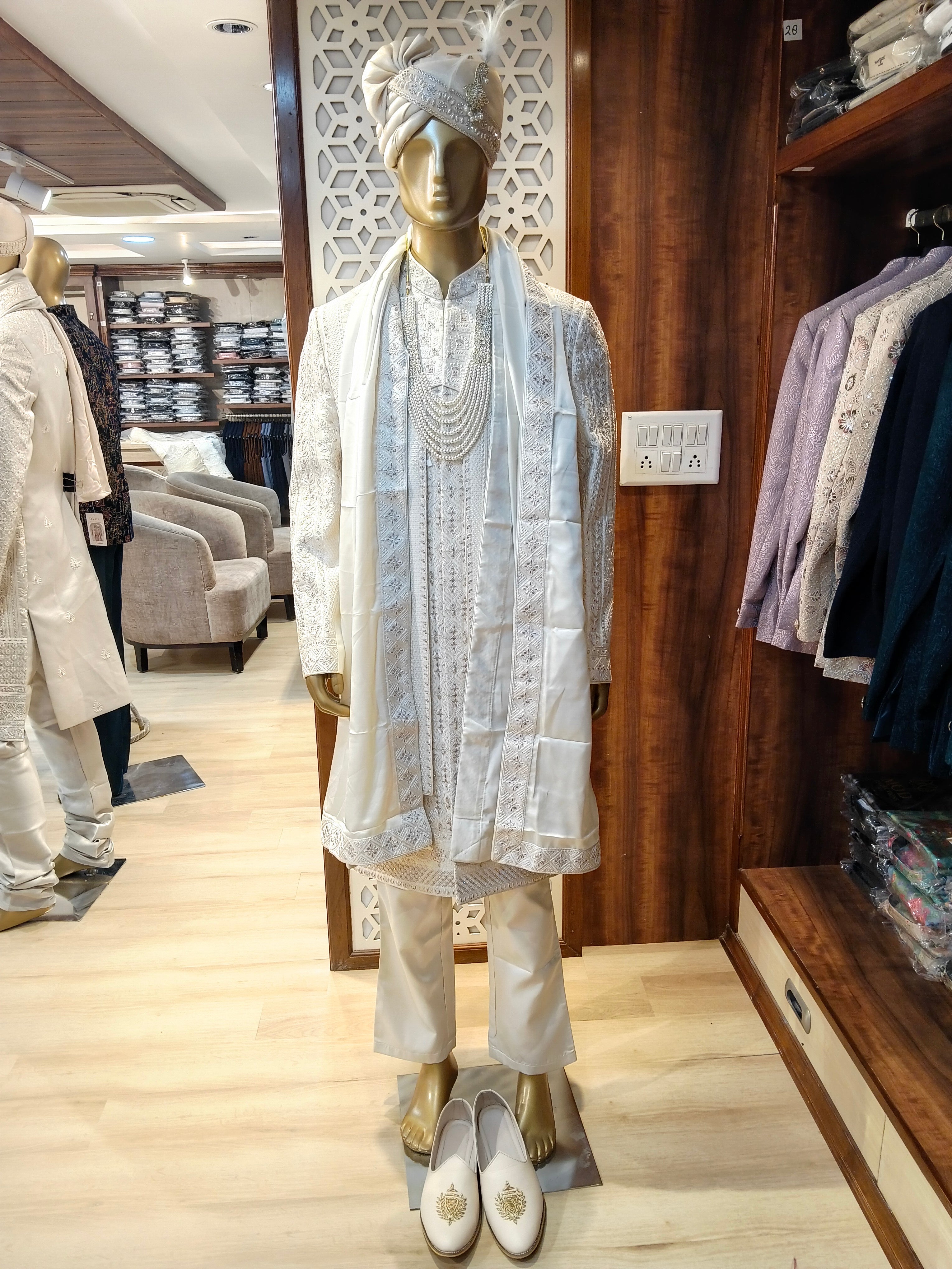 Ivory Embellished Sherwani For Men