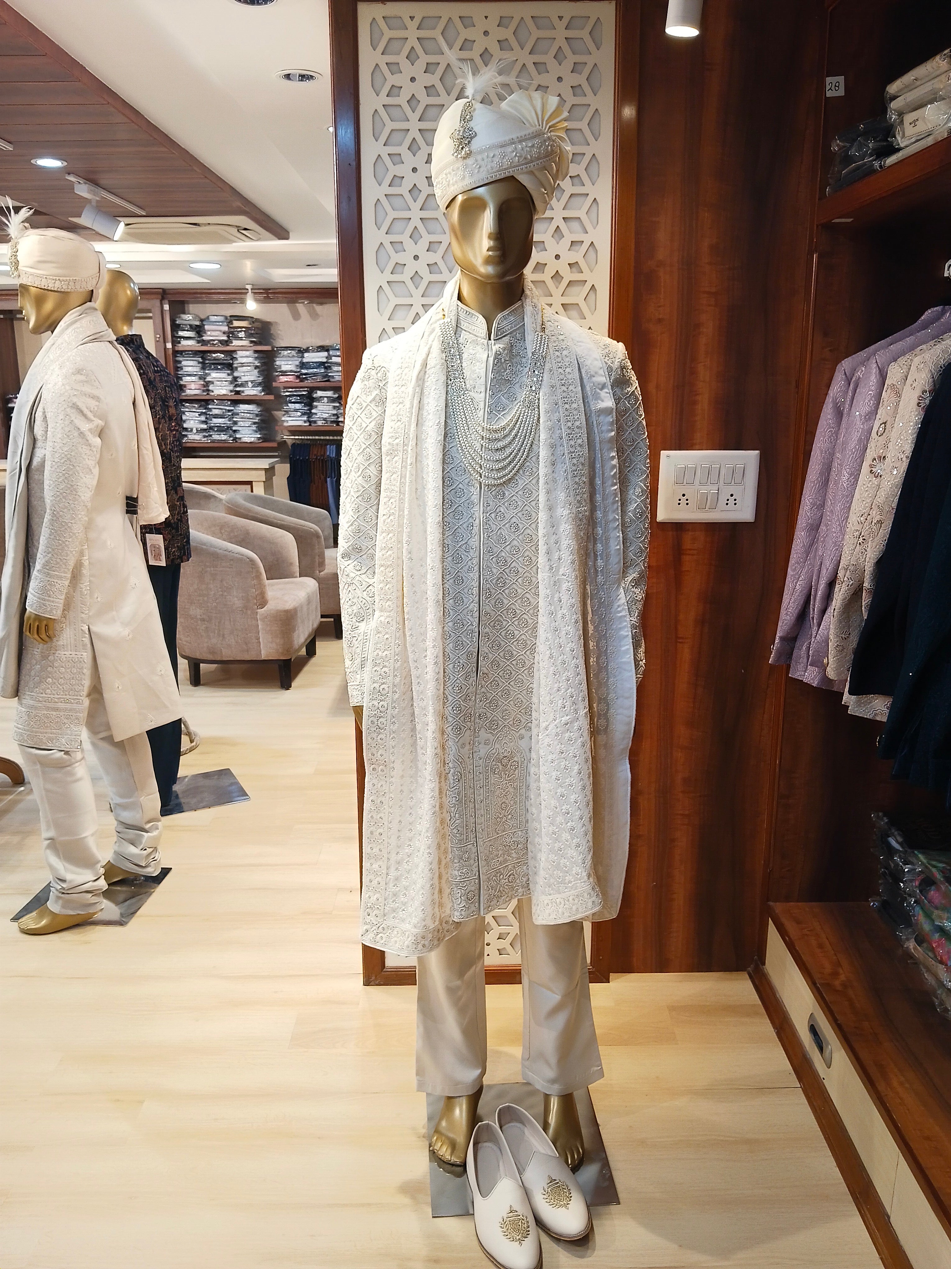 Cream Embellished Sherwani For Men