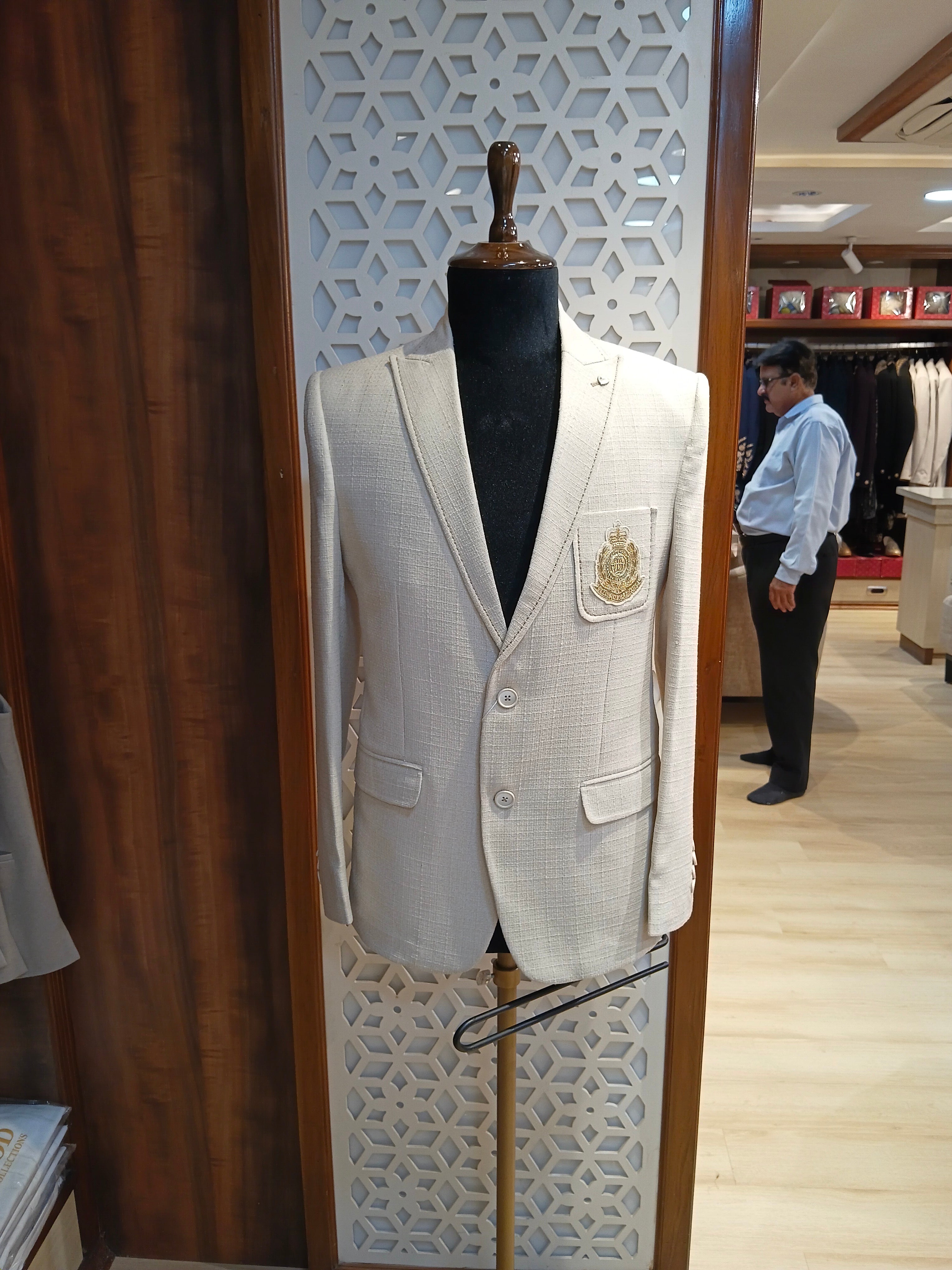 Cream Embroidered Blazer For Men