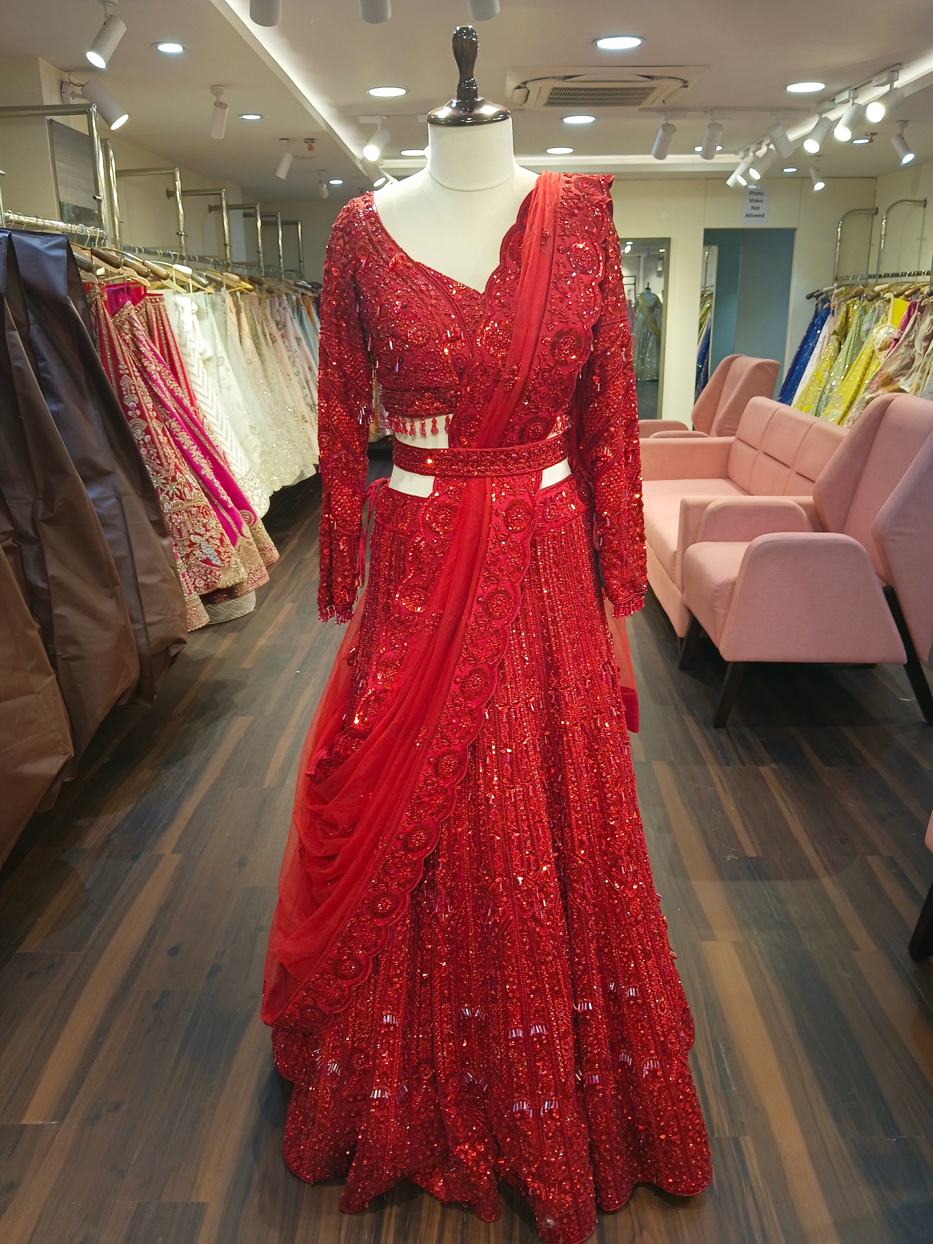 Apple Red Embroidered Heavy Designer Lehenga With Ready Blouse