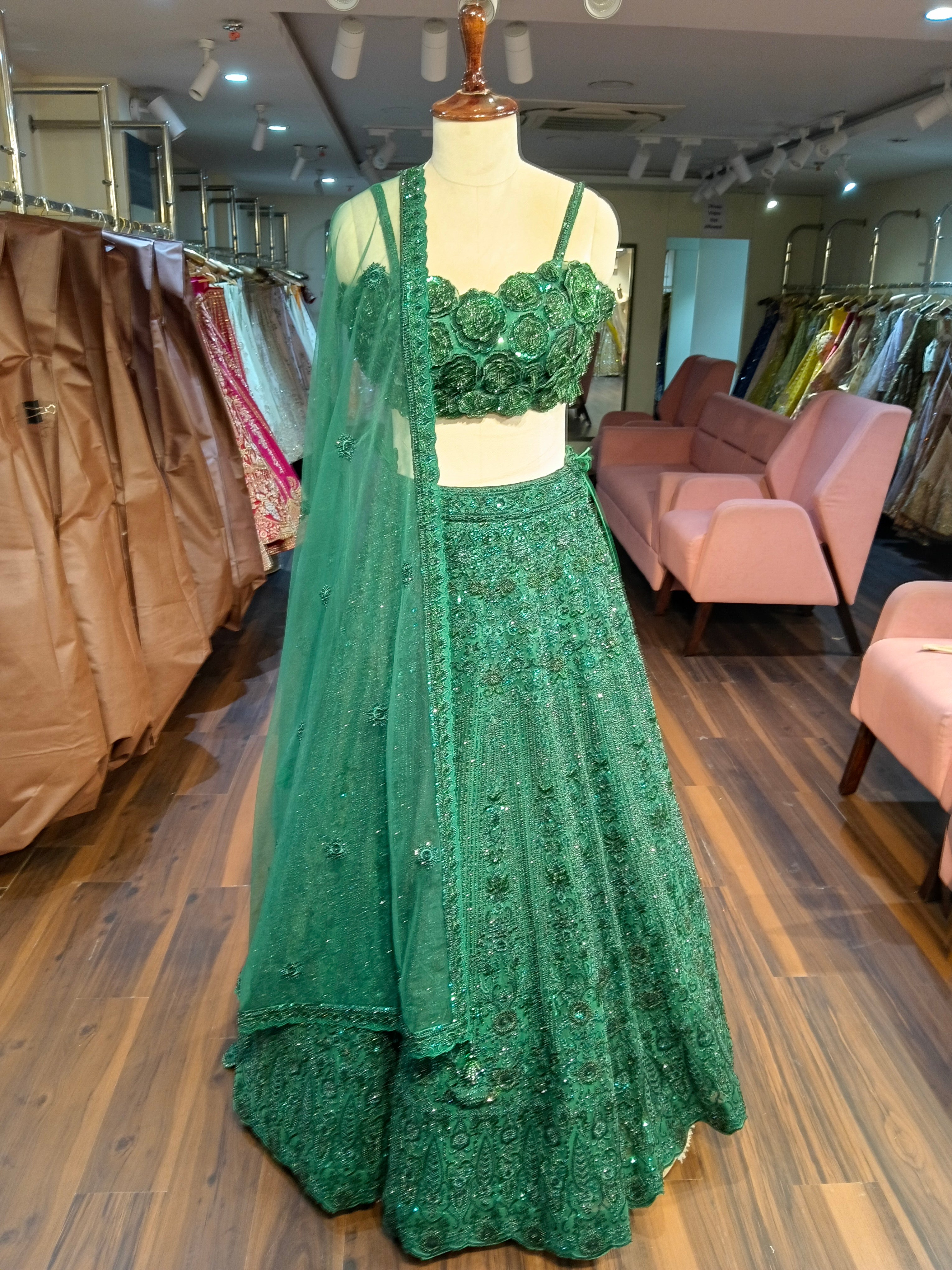 Dark Green Embroidered Heavy Designer Lehenga With Ready Blouse