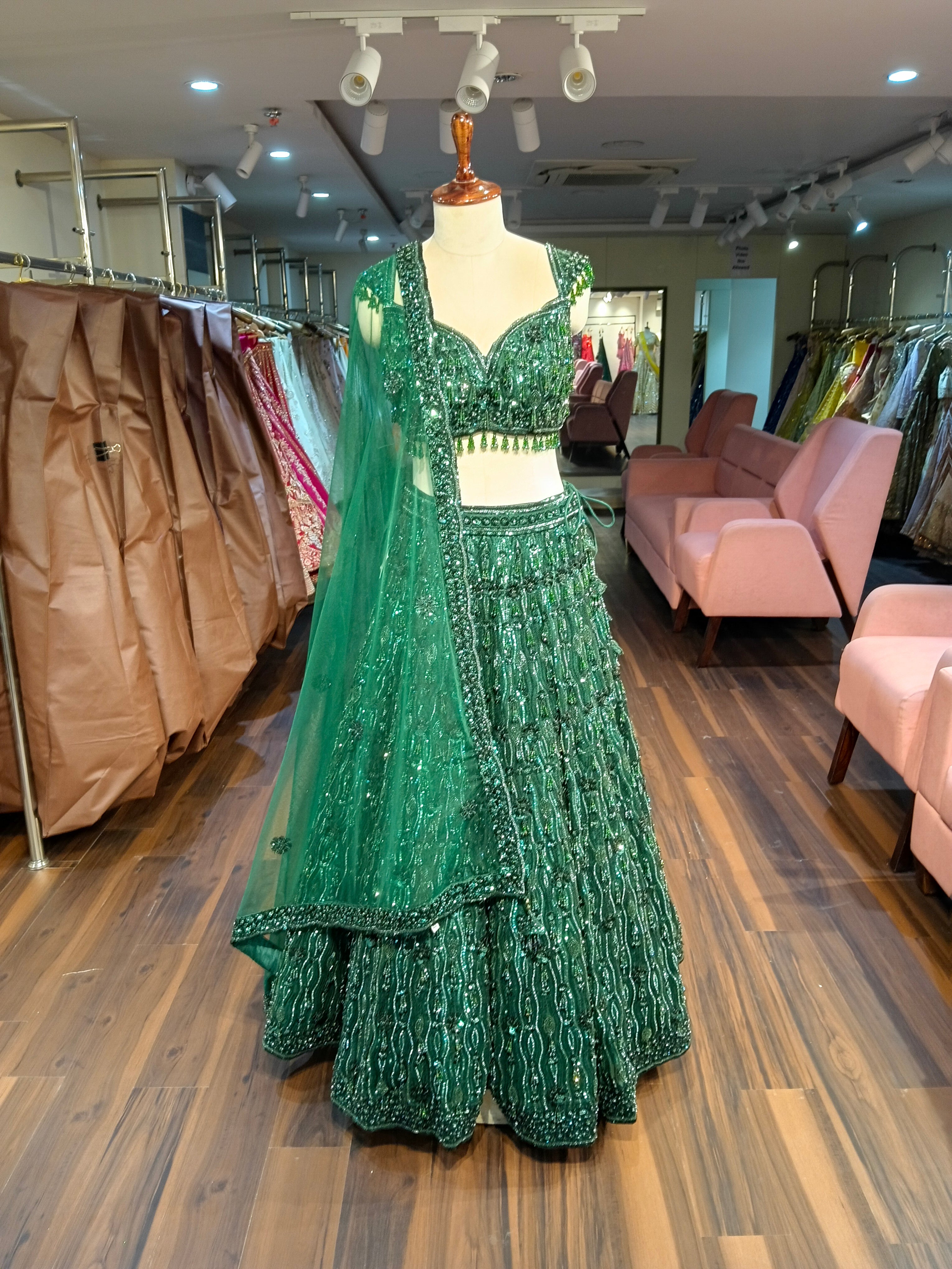 Emerald Green Embroidered Heavy Designer Lehenga With Ready Blouse