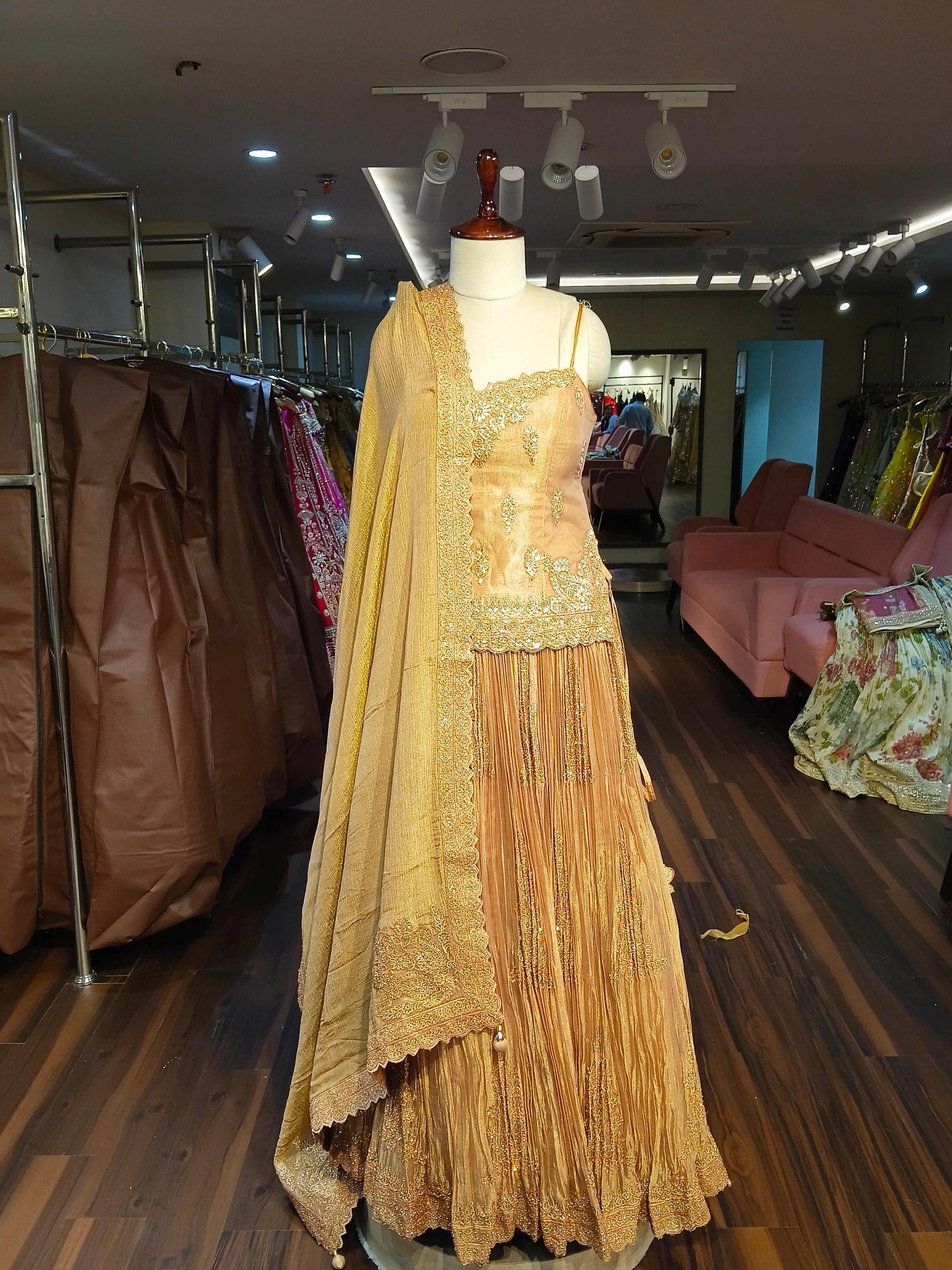 Light Gold Bodice Designer Lehenga With Long Ready Blouse