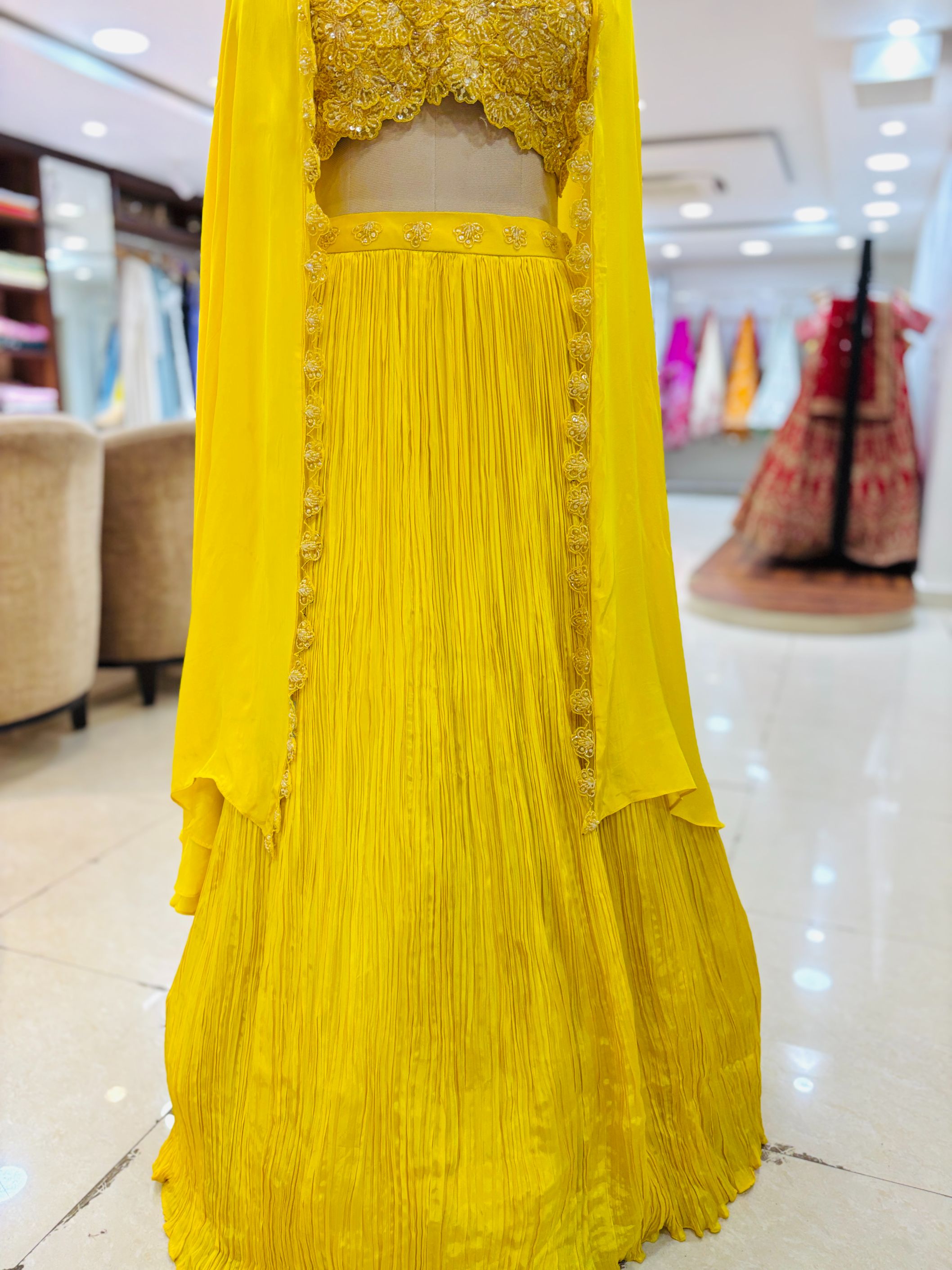 Yellow Chinnon Hand Embellished Readymade Lehenga With Shrug