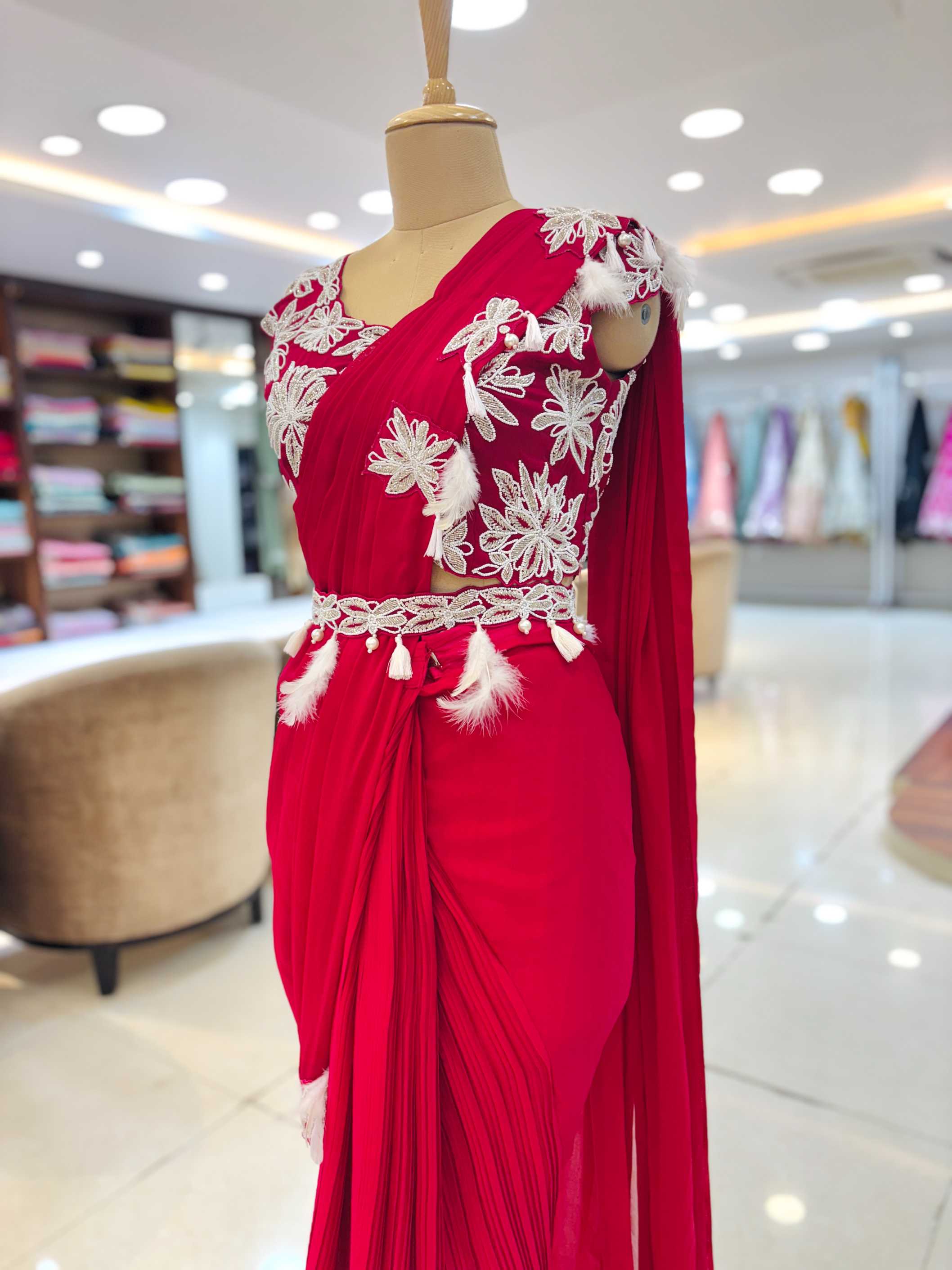 Dark Red Georgette Pre Drape Saree