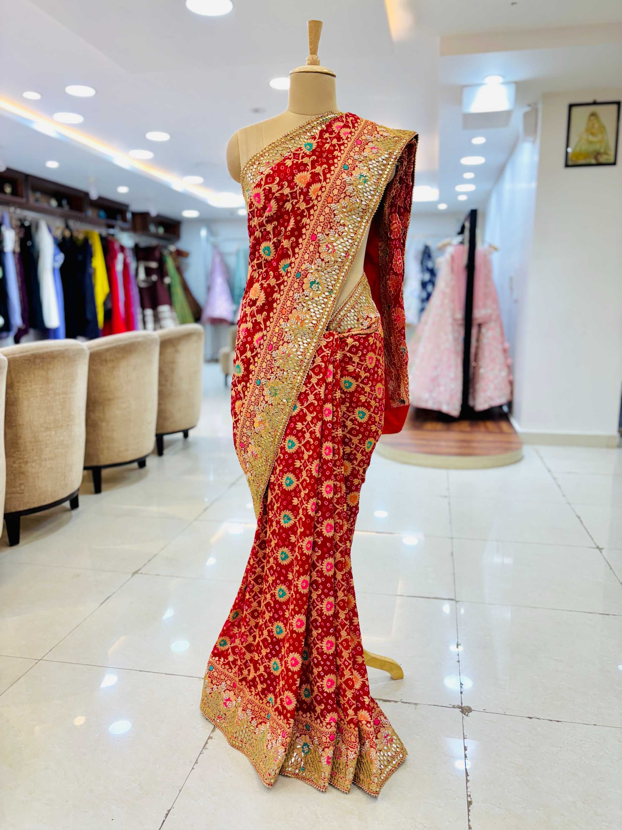 Red Georgette Gotta Patti Bandhej Saree - Front View