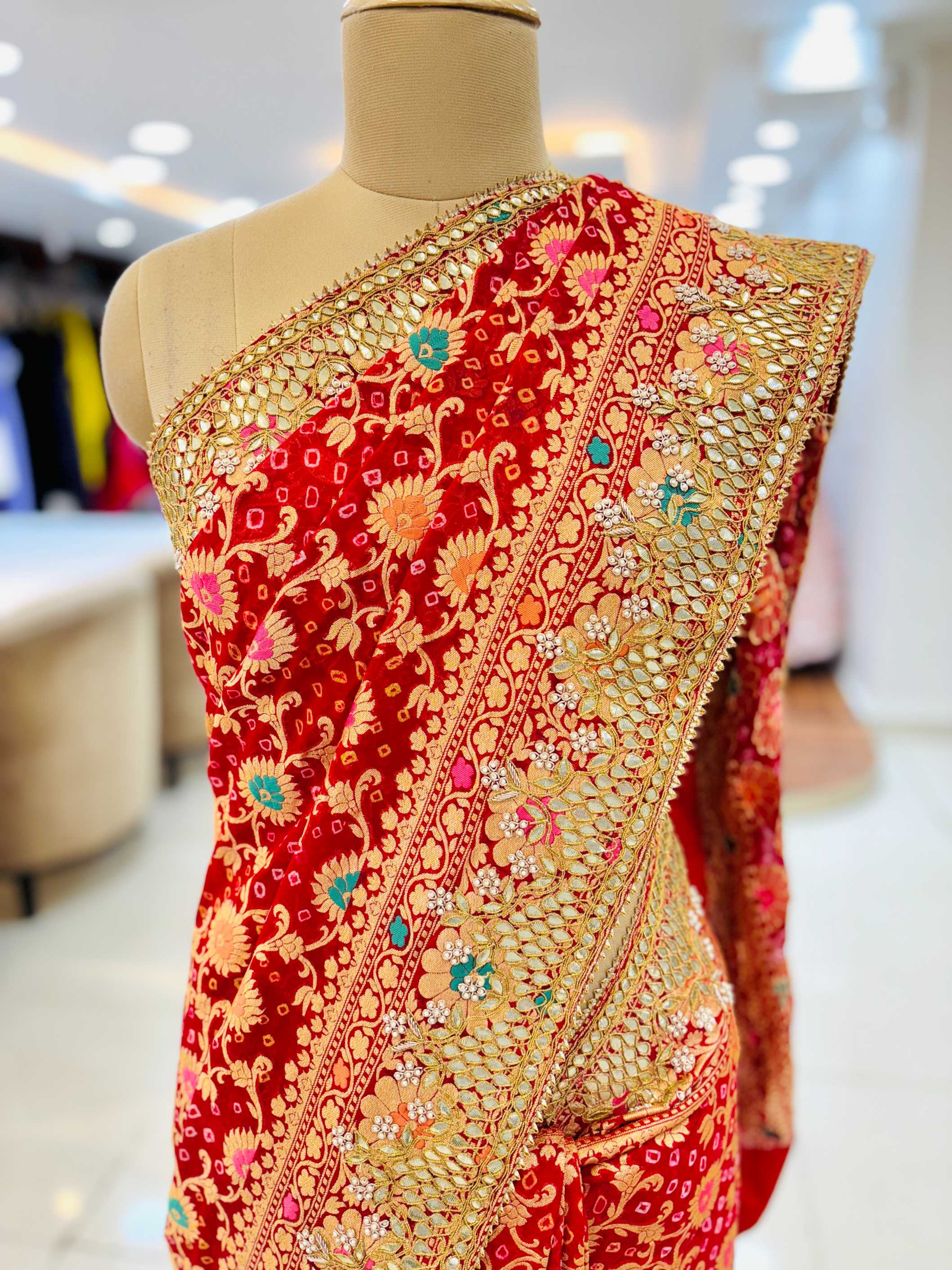 Red Georgette Banarasi Bandhej Saree - Closeup