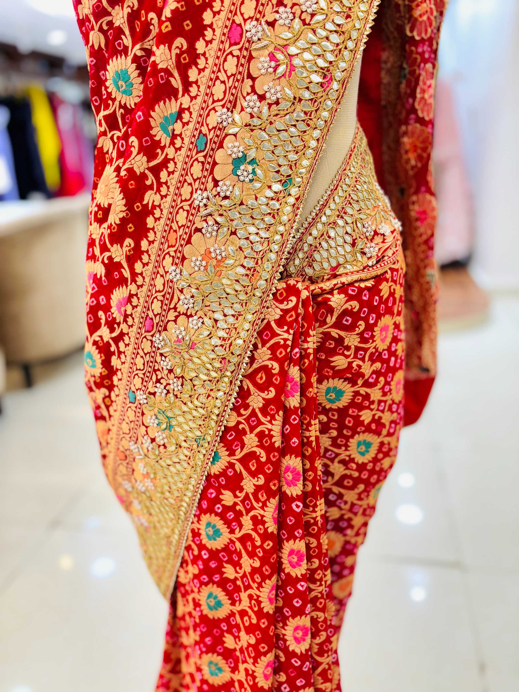 Red Georgette Gotta Patti Bandhej Saree - Closeup