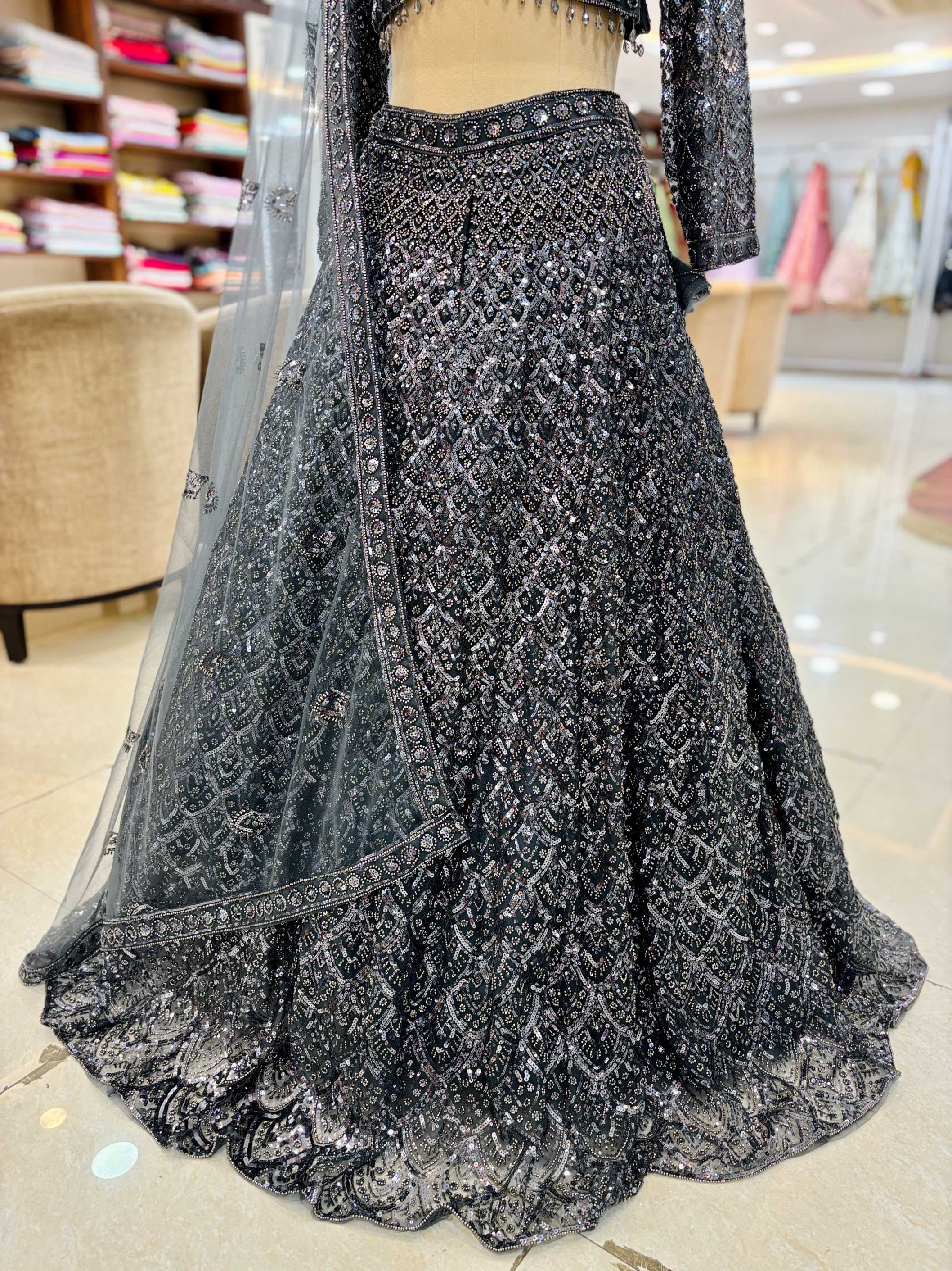 Grey Embellished Net Readymade Lehenga
