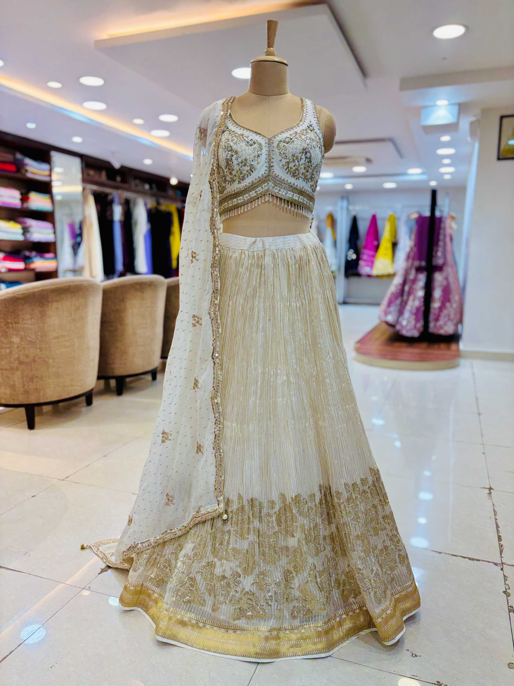 White Chinnon Silk Banarasi Readymade Lehenga - Front View