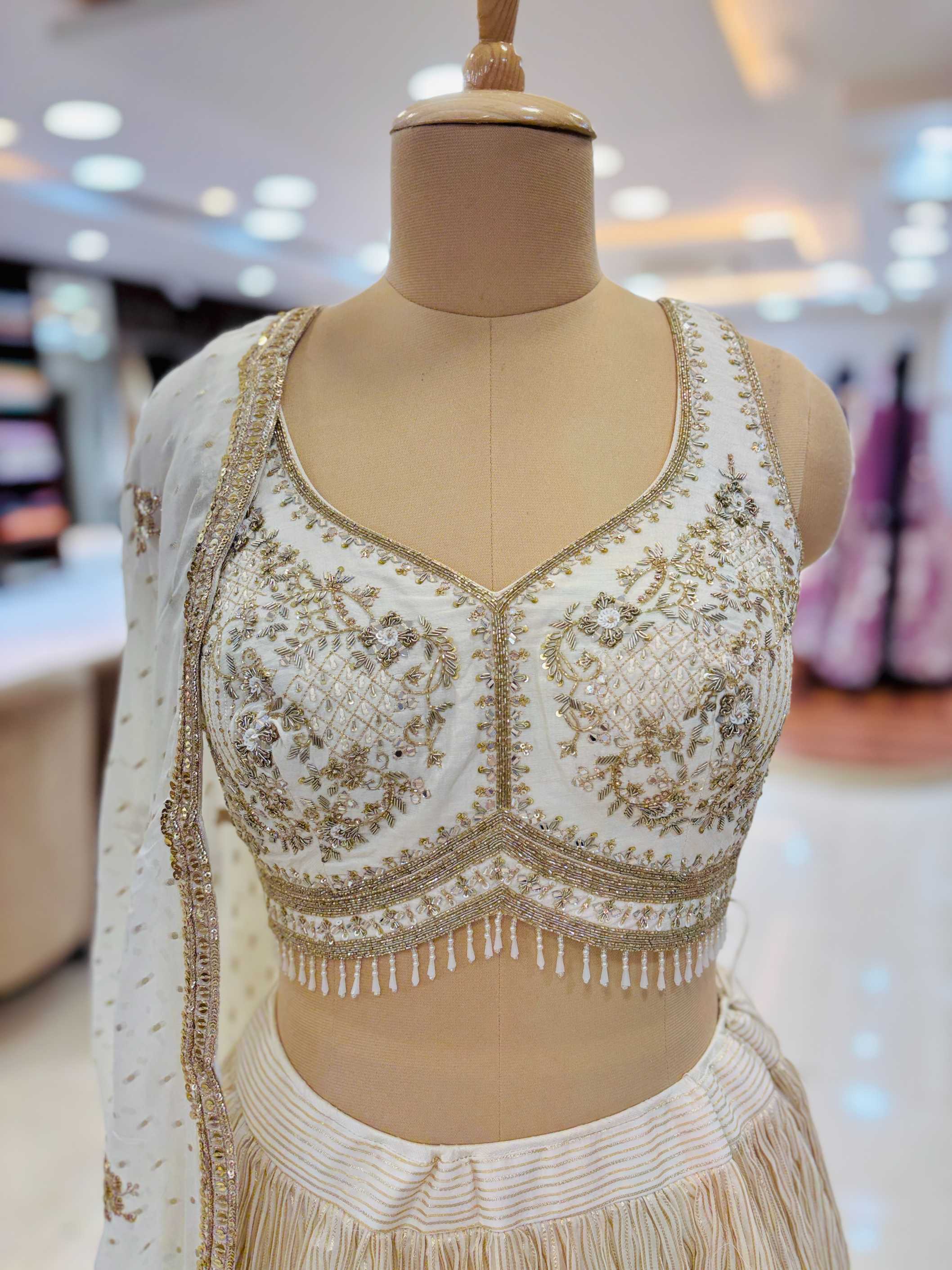 White Chinnon Silk Banarasi Readymade Lehenga- Closeup View