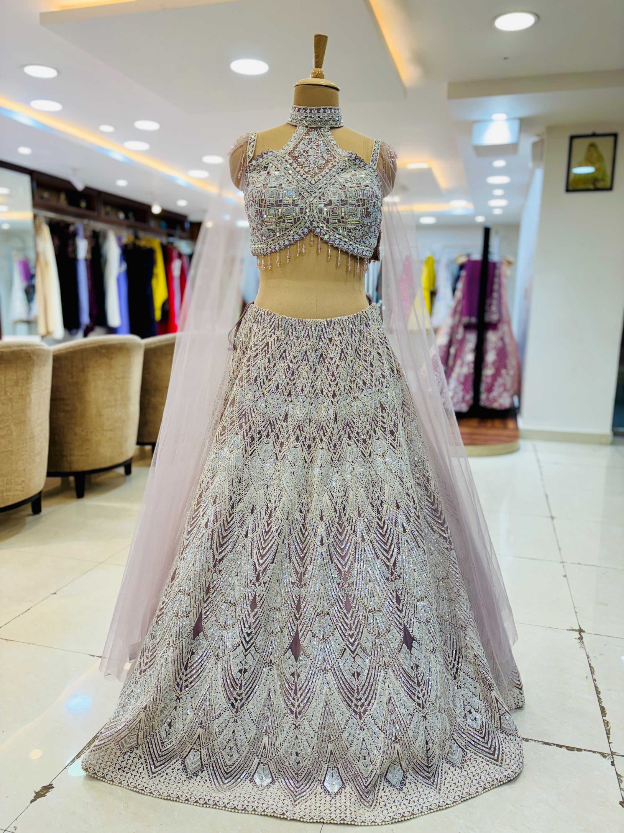 Purple Embroidered Designer Readymade Lehenga - Front View