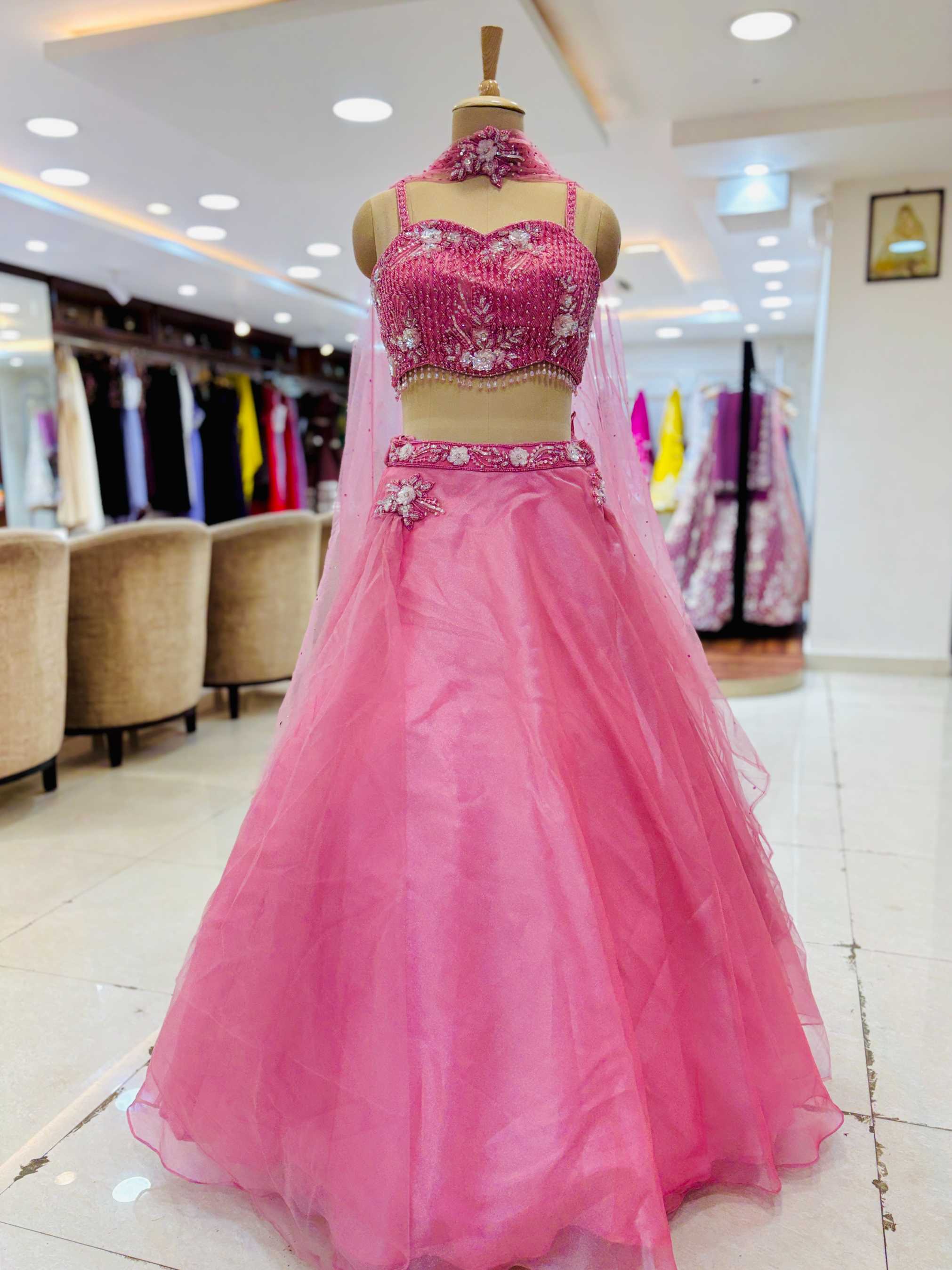 Hot Pink Tissue Organza Readymade Lehenga