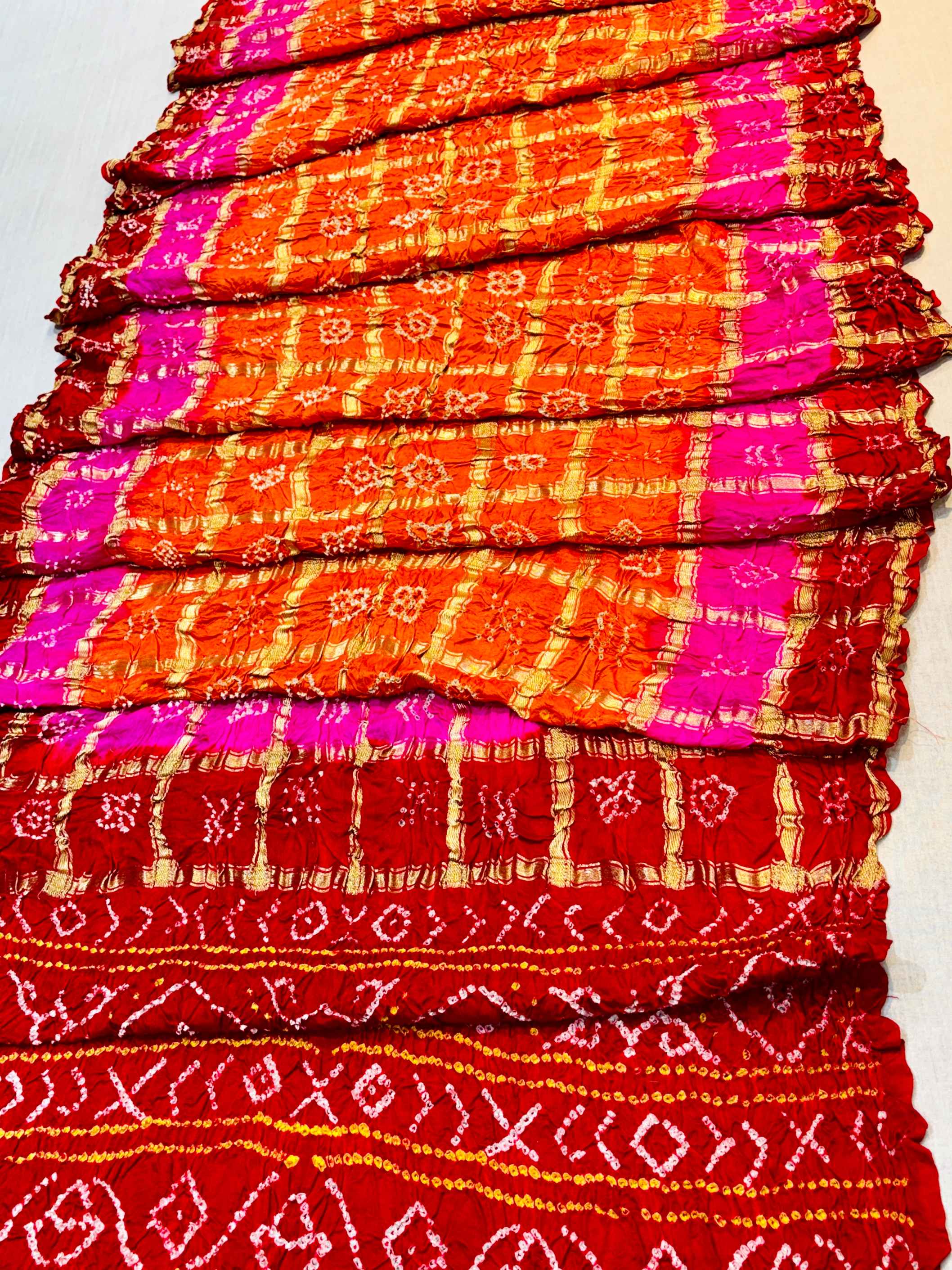 Red & Mustard Gajji Silk Bandhini Saree