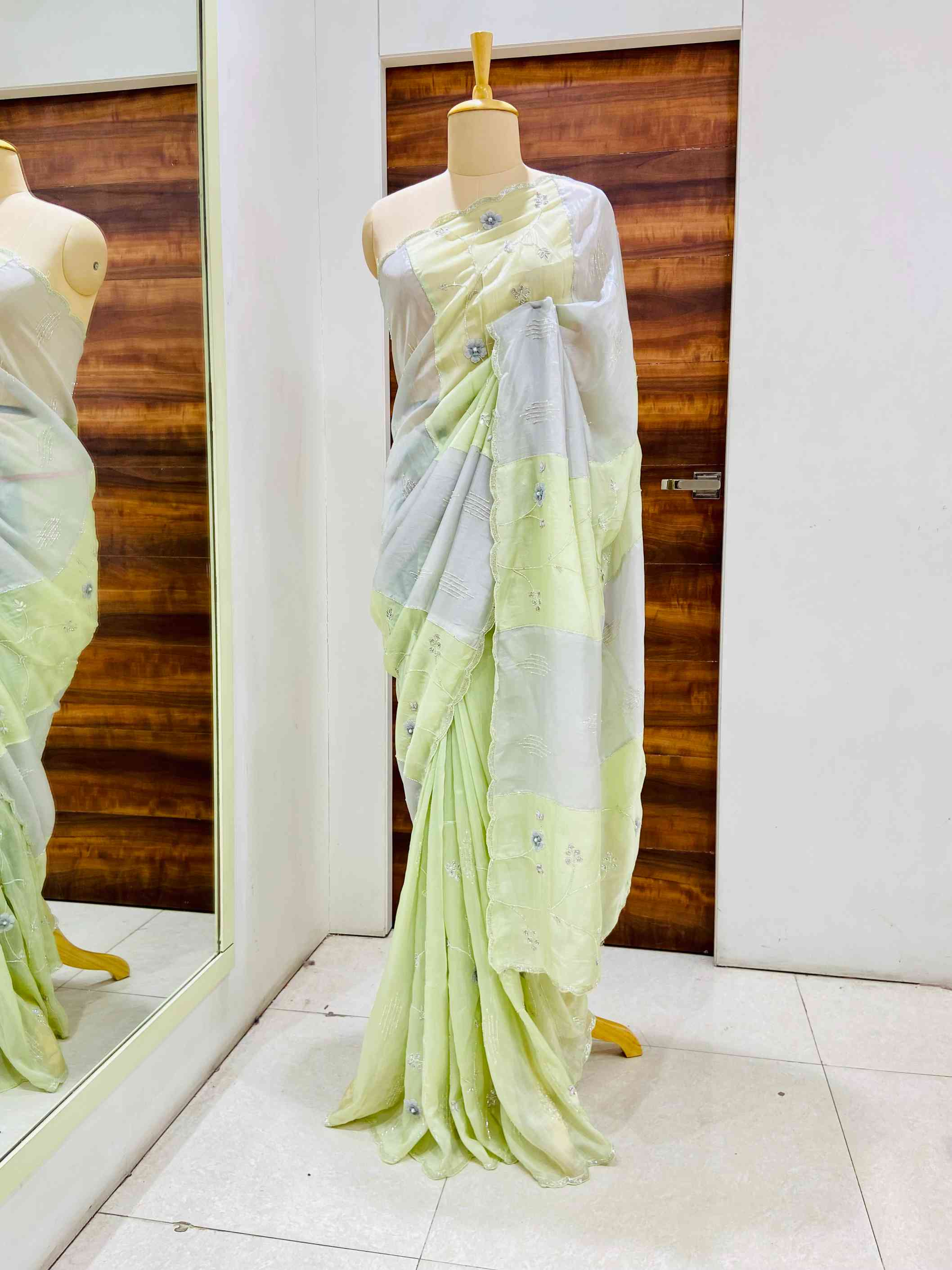 colorblock green and grey silk saree