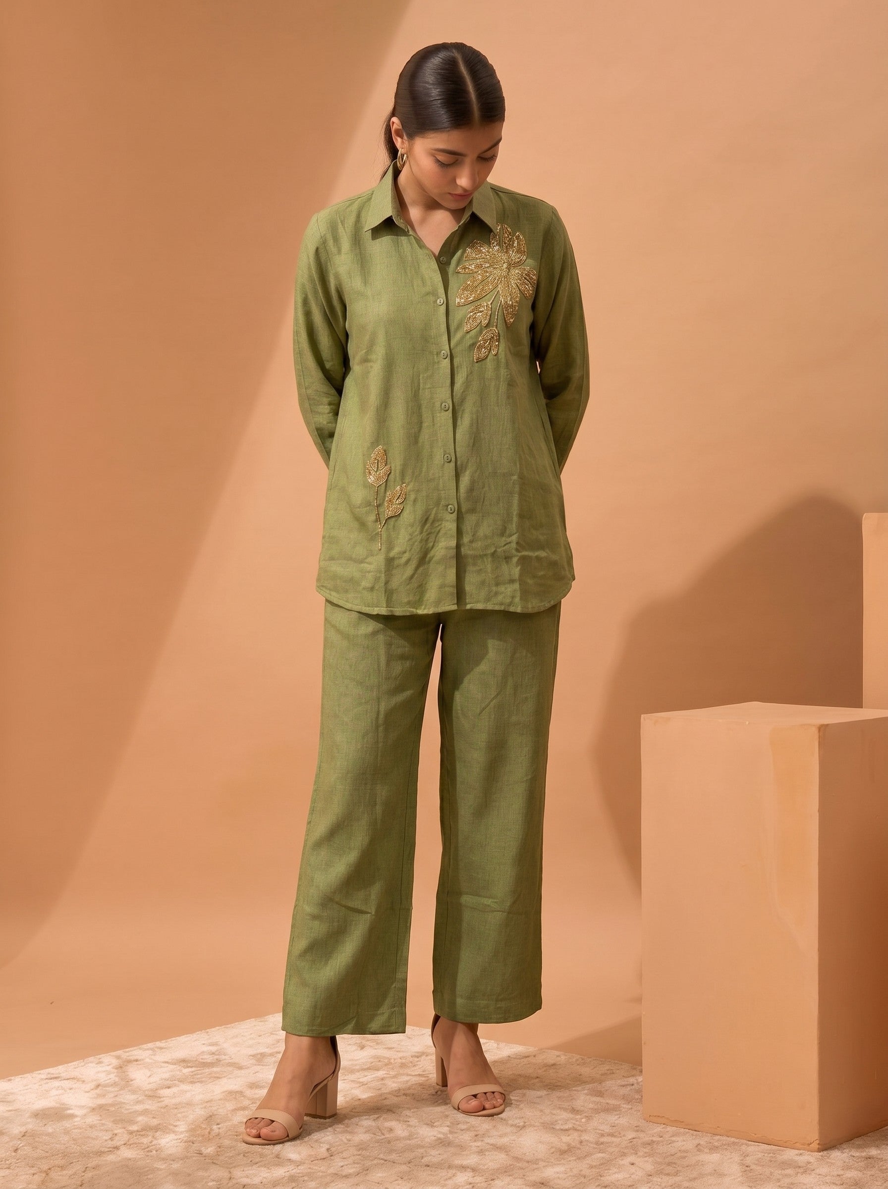 Green Embroidered Cotton Co-Ord Set