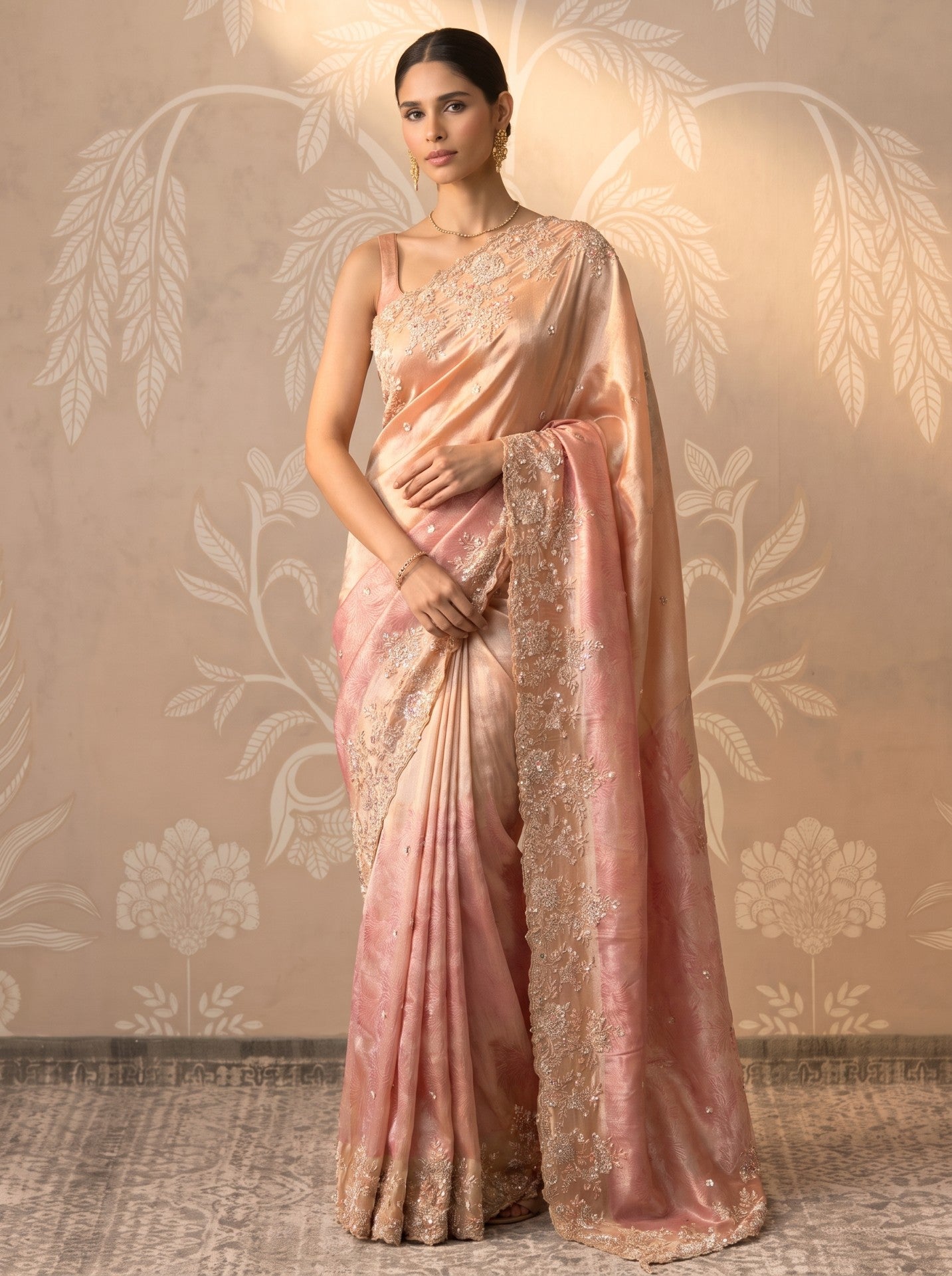 Peach Tissue Zardozi Work Party Wear Saree for Women