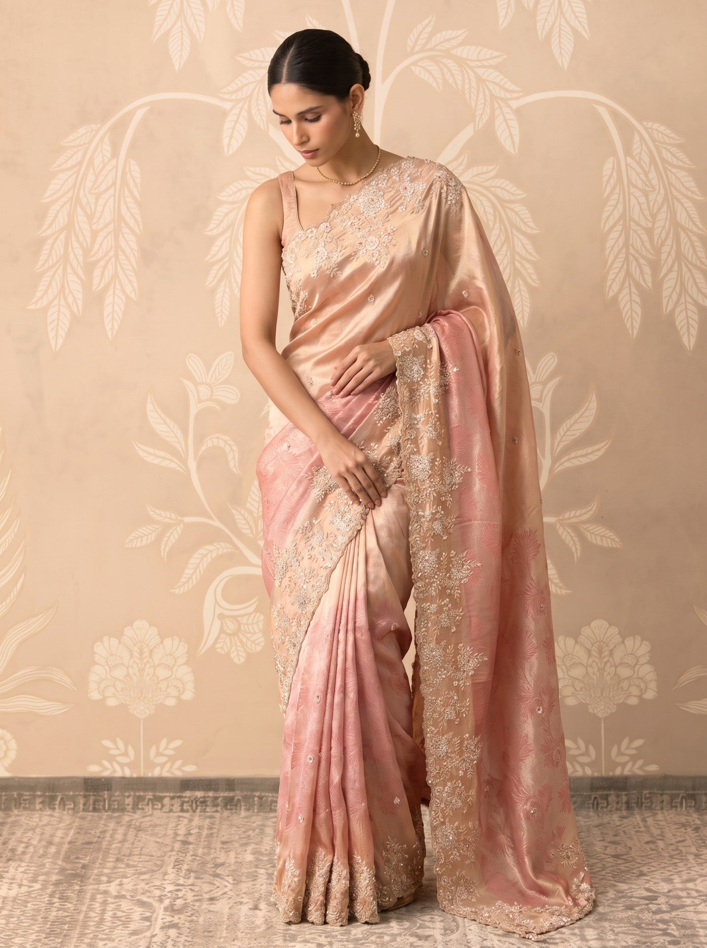 Peach Tissue Zardozi Work Party Wear Saree for Women