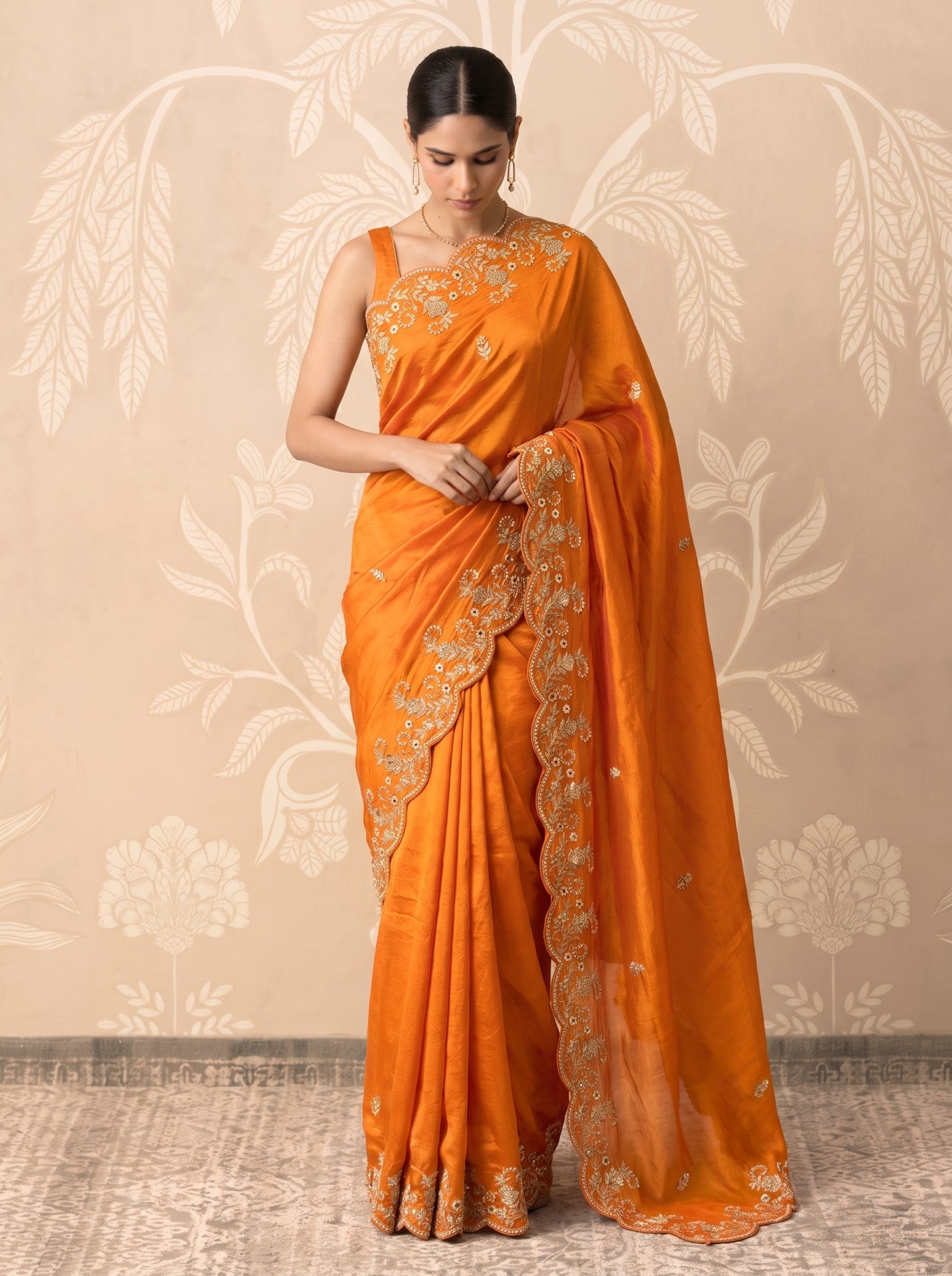 Orange Zardozi Work Party Wear Silk Saree for Women
