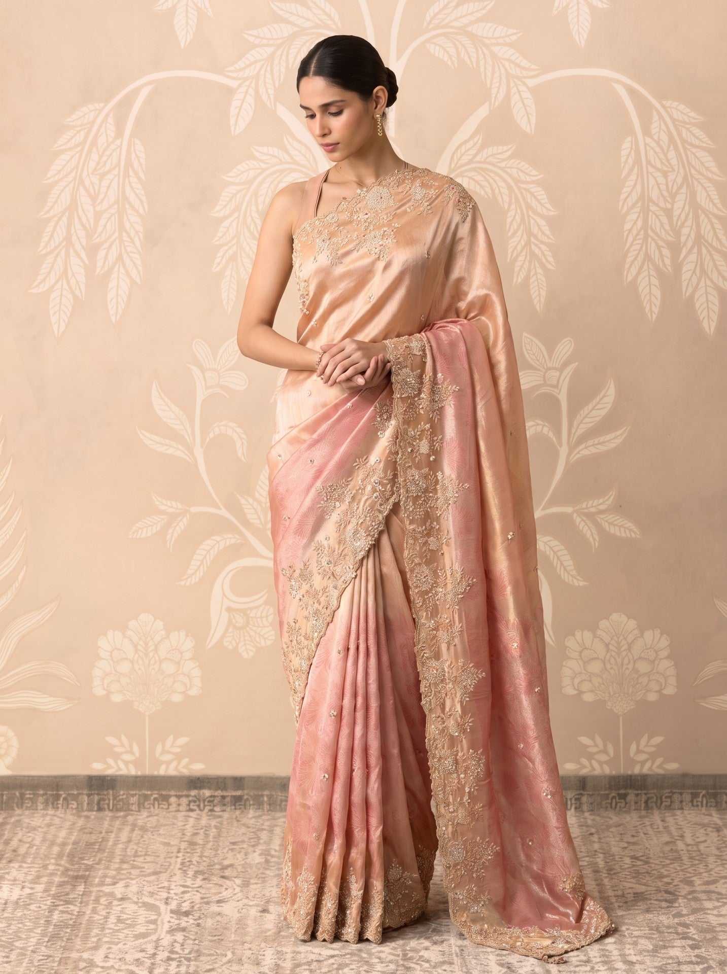 Peach Tissue Zardozi Work Party Wear Saree for Women