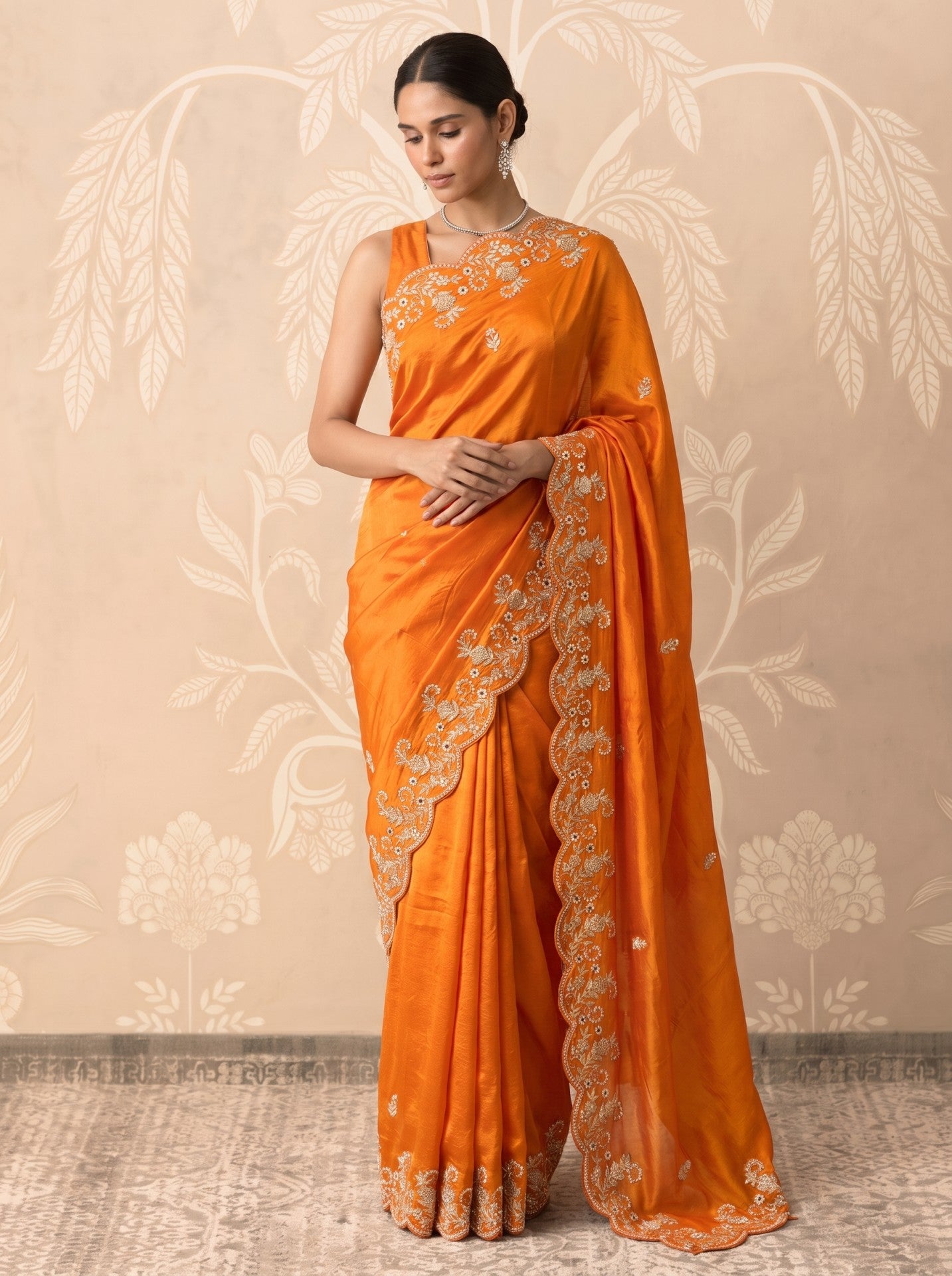 Orange Zardozi Work Party Wear Silk Saree for Women