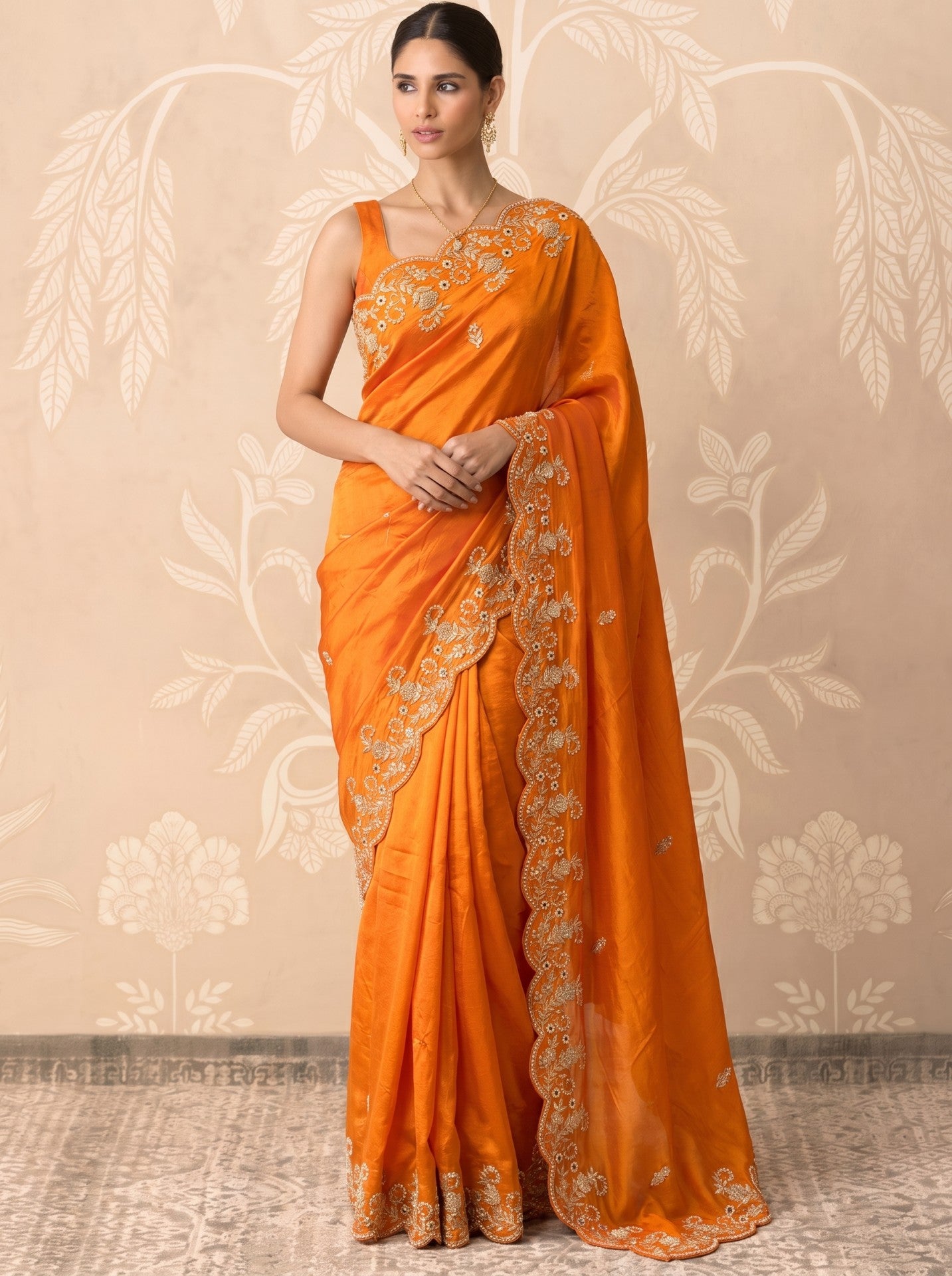 Orange Zardozi Work Party Wear Silk Saree for Women