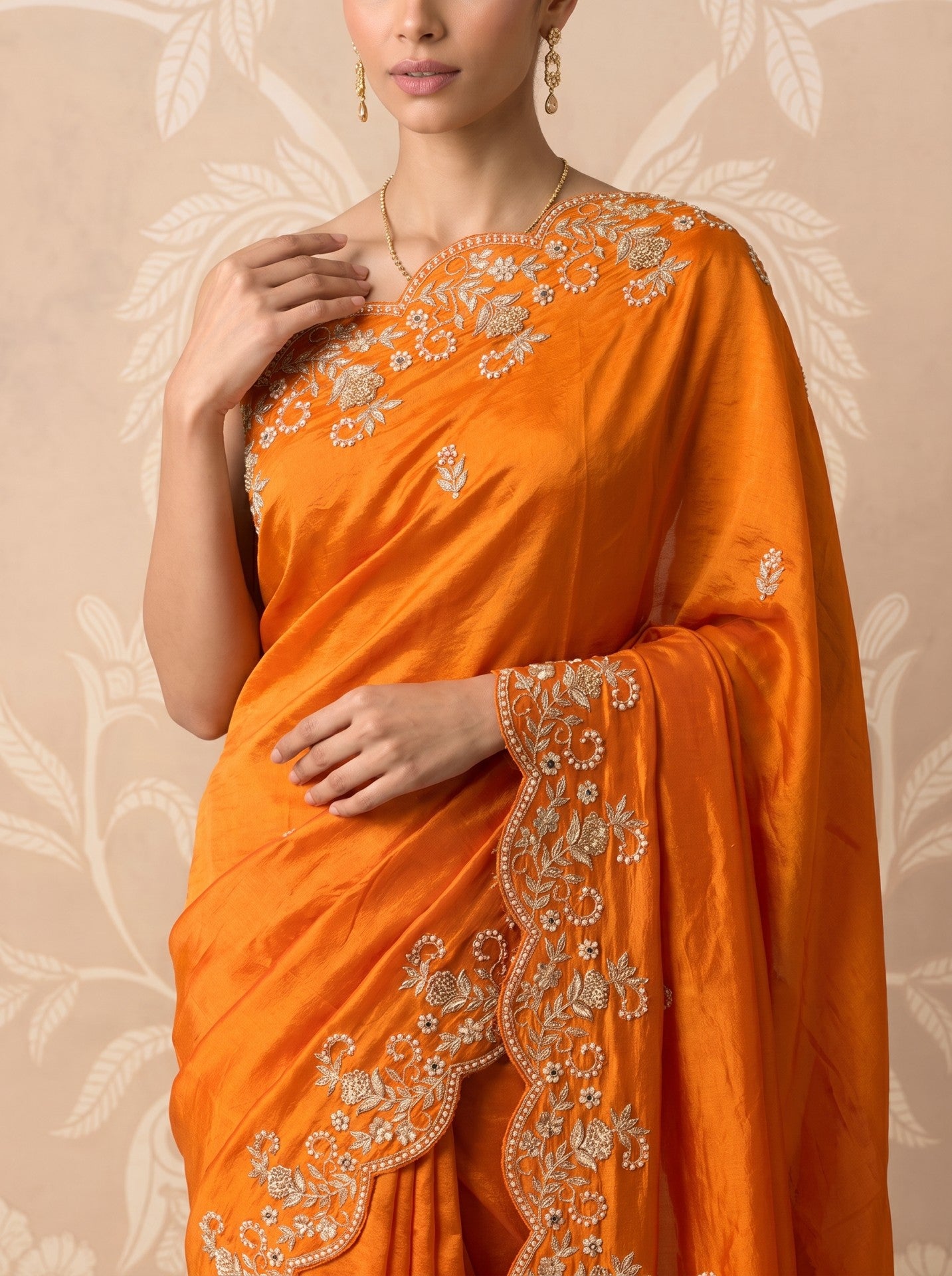 Orange Zardozi Work Party Wear Silk Saree for Women