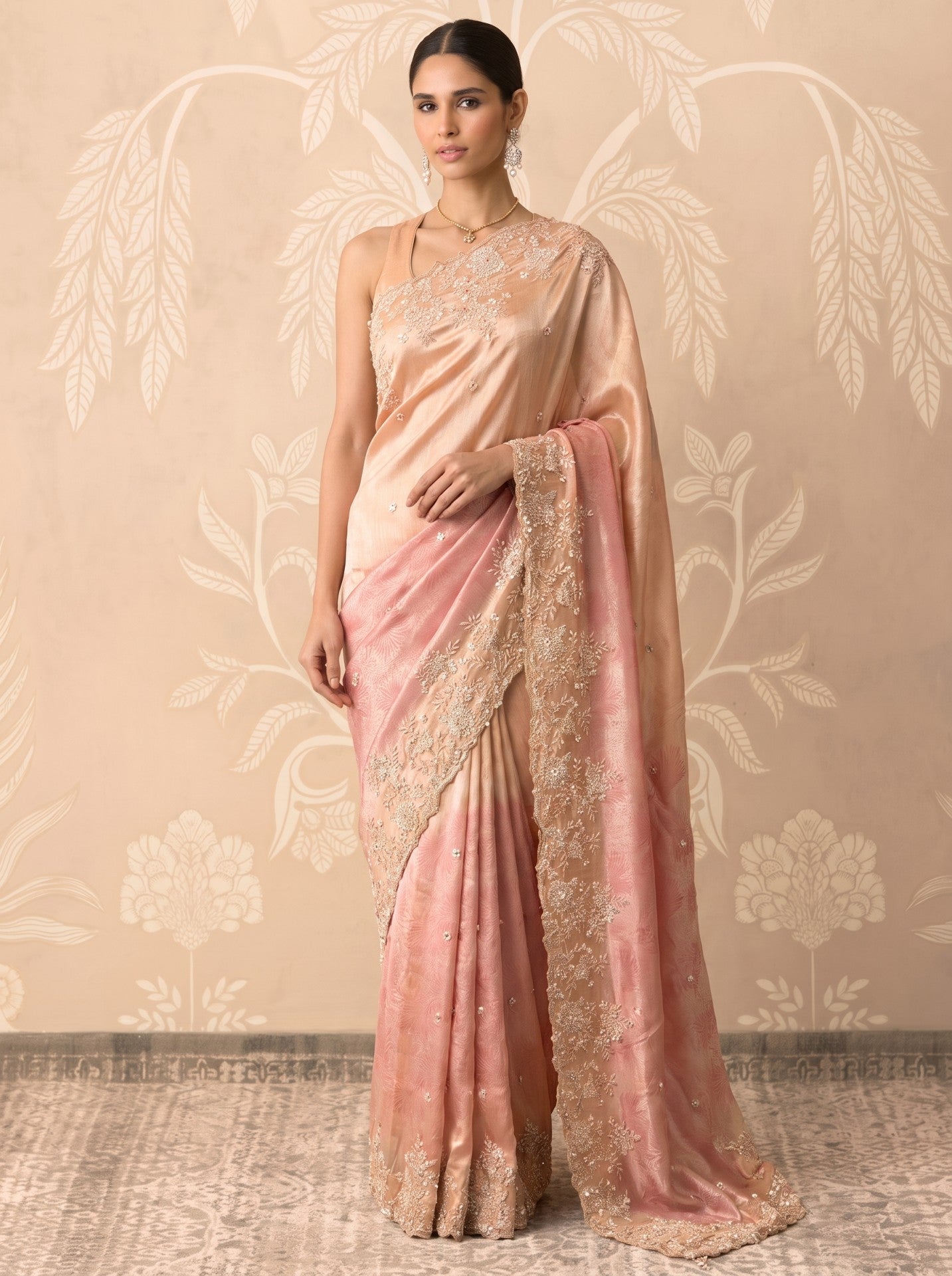 Peach Tissue Zardozi Work Party Wear Saree for Women