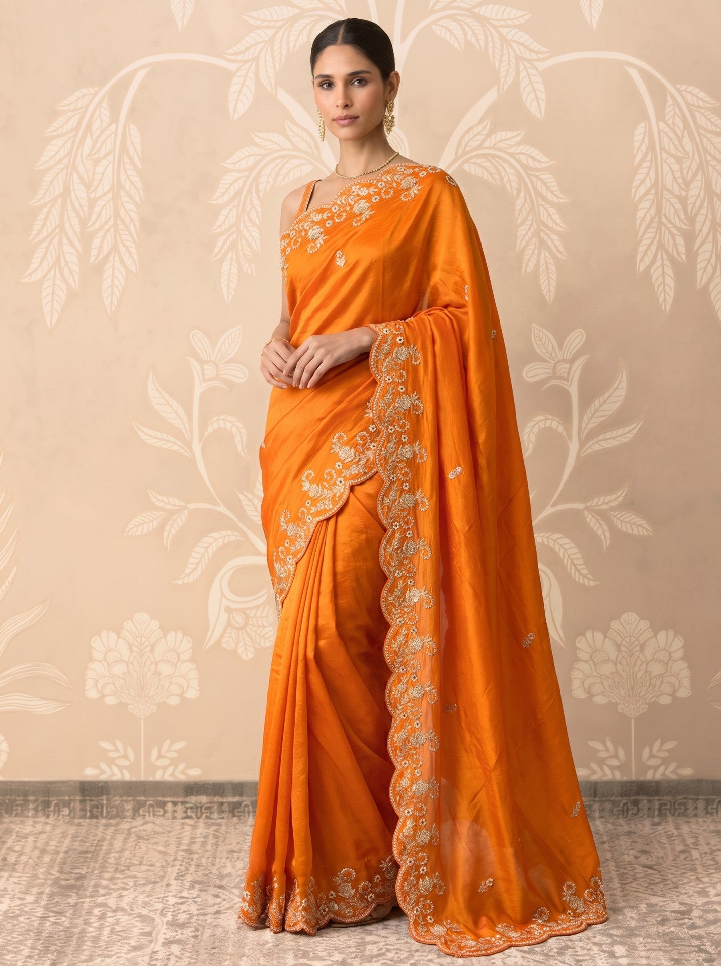 Orange Zardozi Work Party Wear Silk Saree for Women