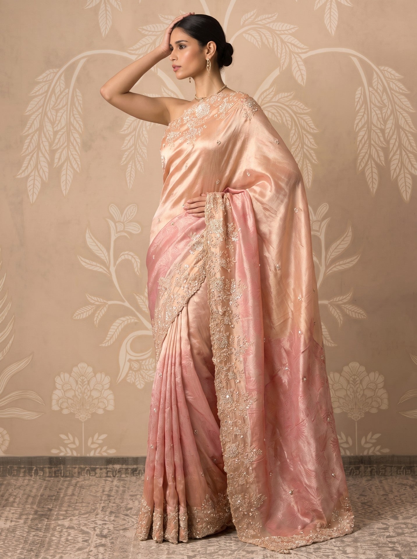 Peach Tissue Zardozi Work Party Wear Saree for Women