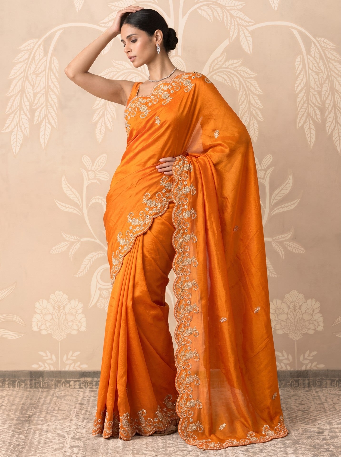Orange Zardozi Work Party Wear Silk Saree for Women