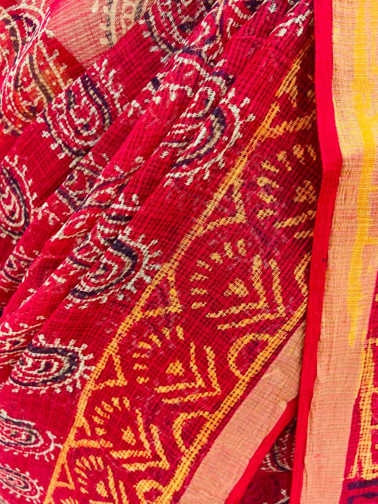 Red Hand Block Kota Doria Saree