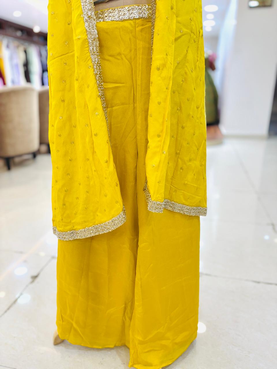 Yellow Premium Crepe Suit With Top & Shrug