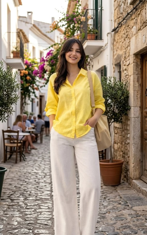 Yellow Printed Collared Cotton Top