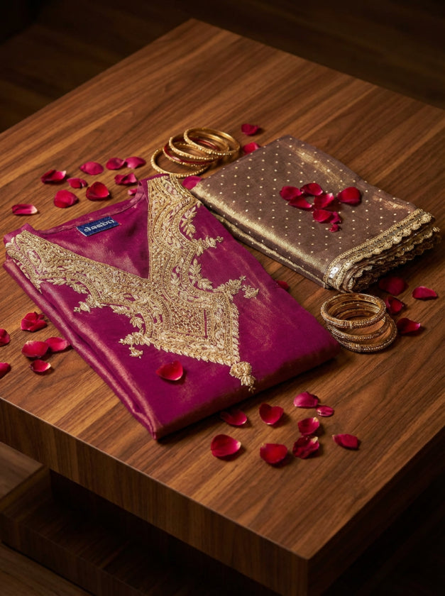 Cherry Pink Hand Work Tissue Dress Material