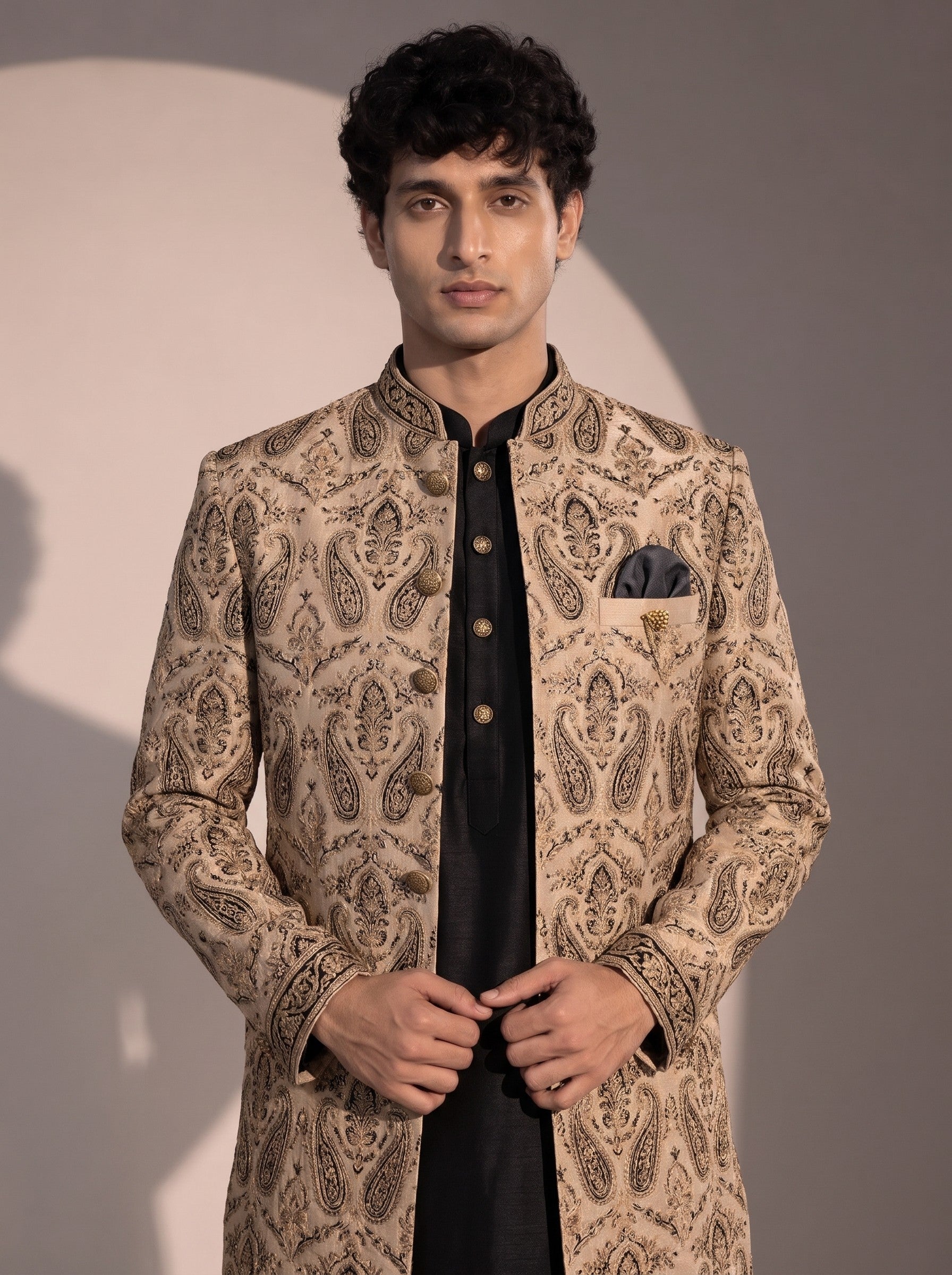 Beige and black embroidered silk indowestern for men - close-up of collar and embroidery