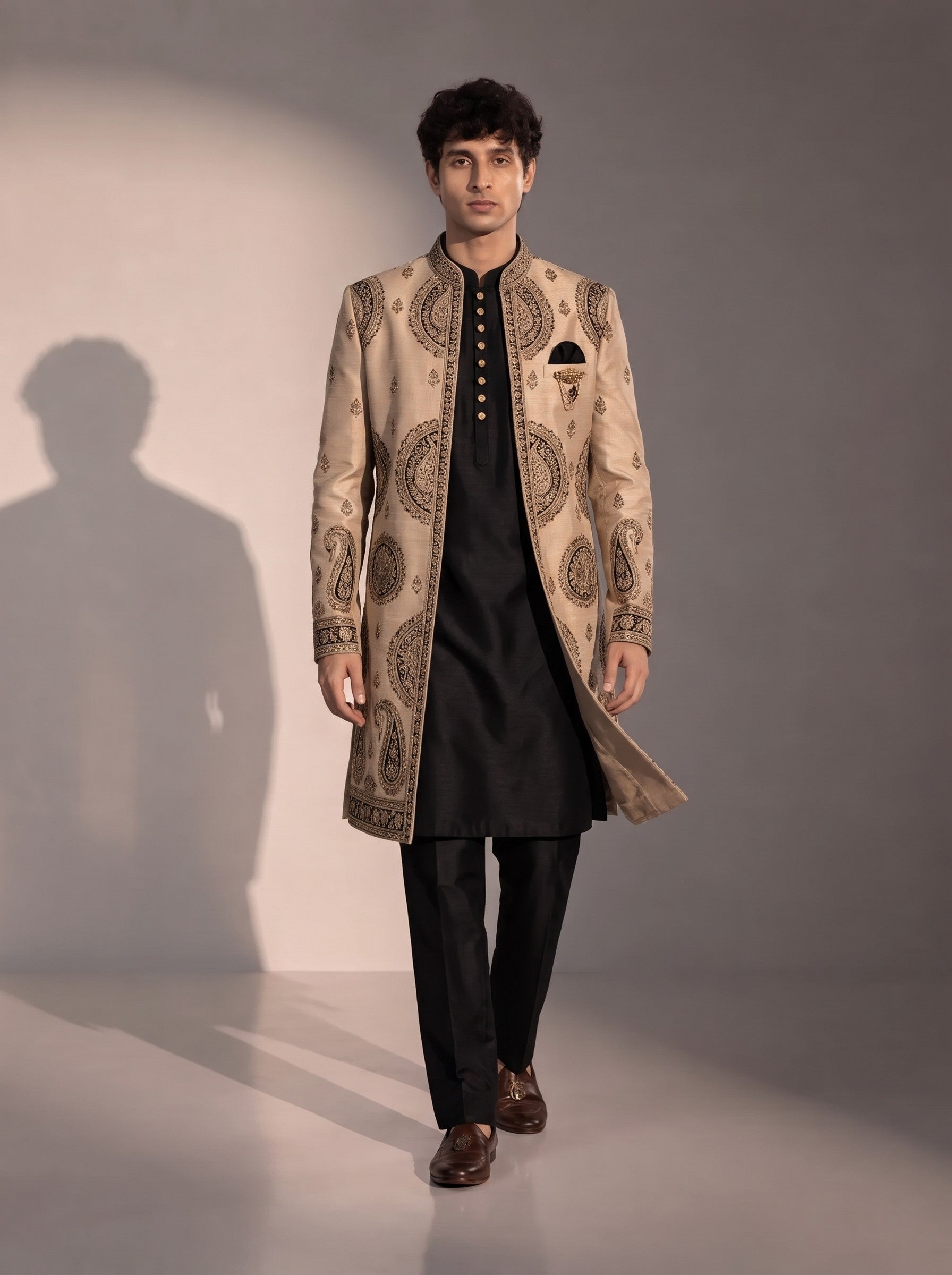 Beige and black embroidered silk indowestern for men - full look