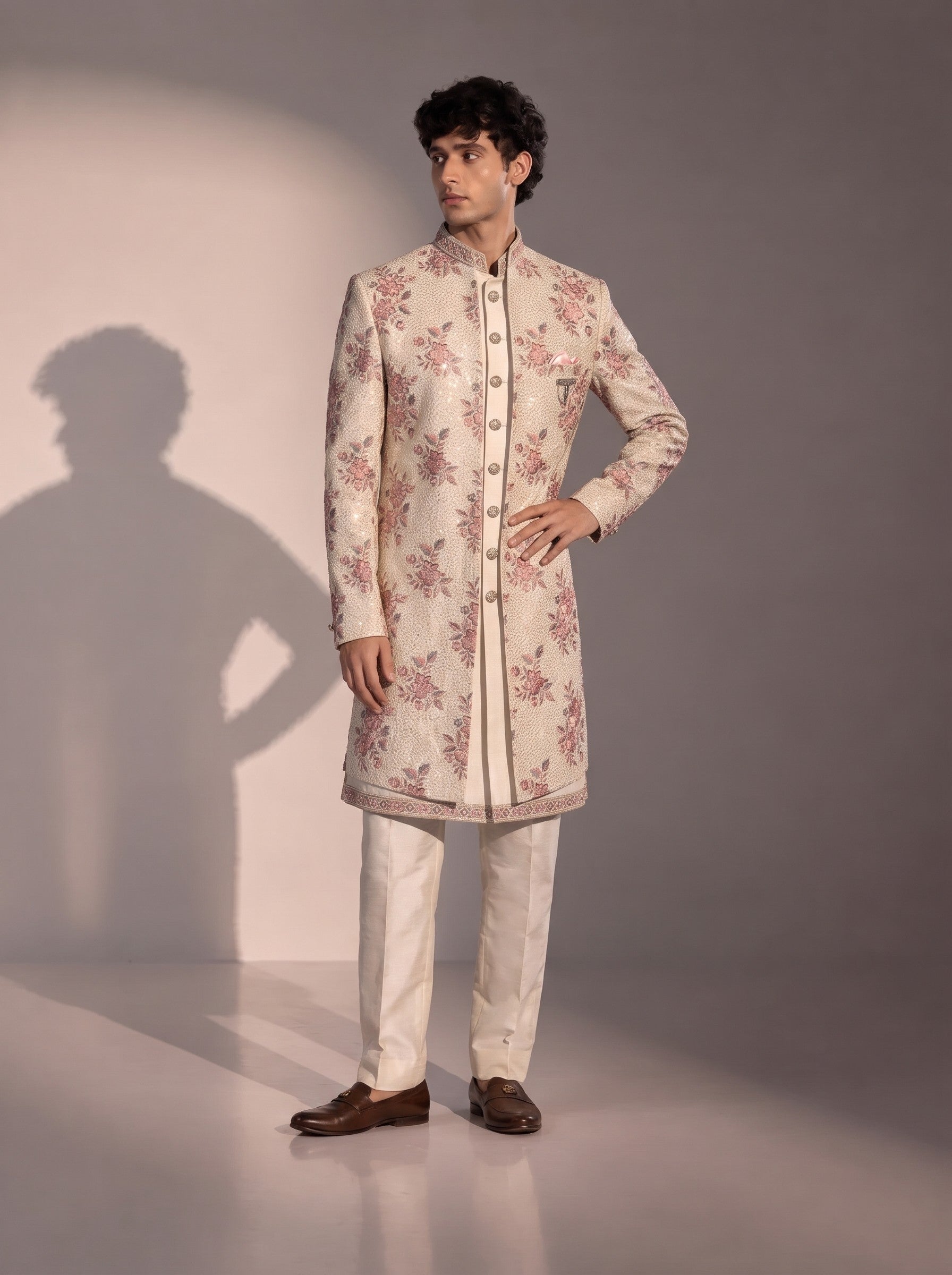 Beige floral embroidered silk indowestern for men - front view