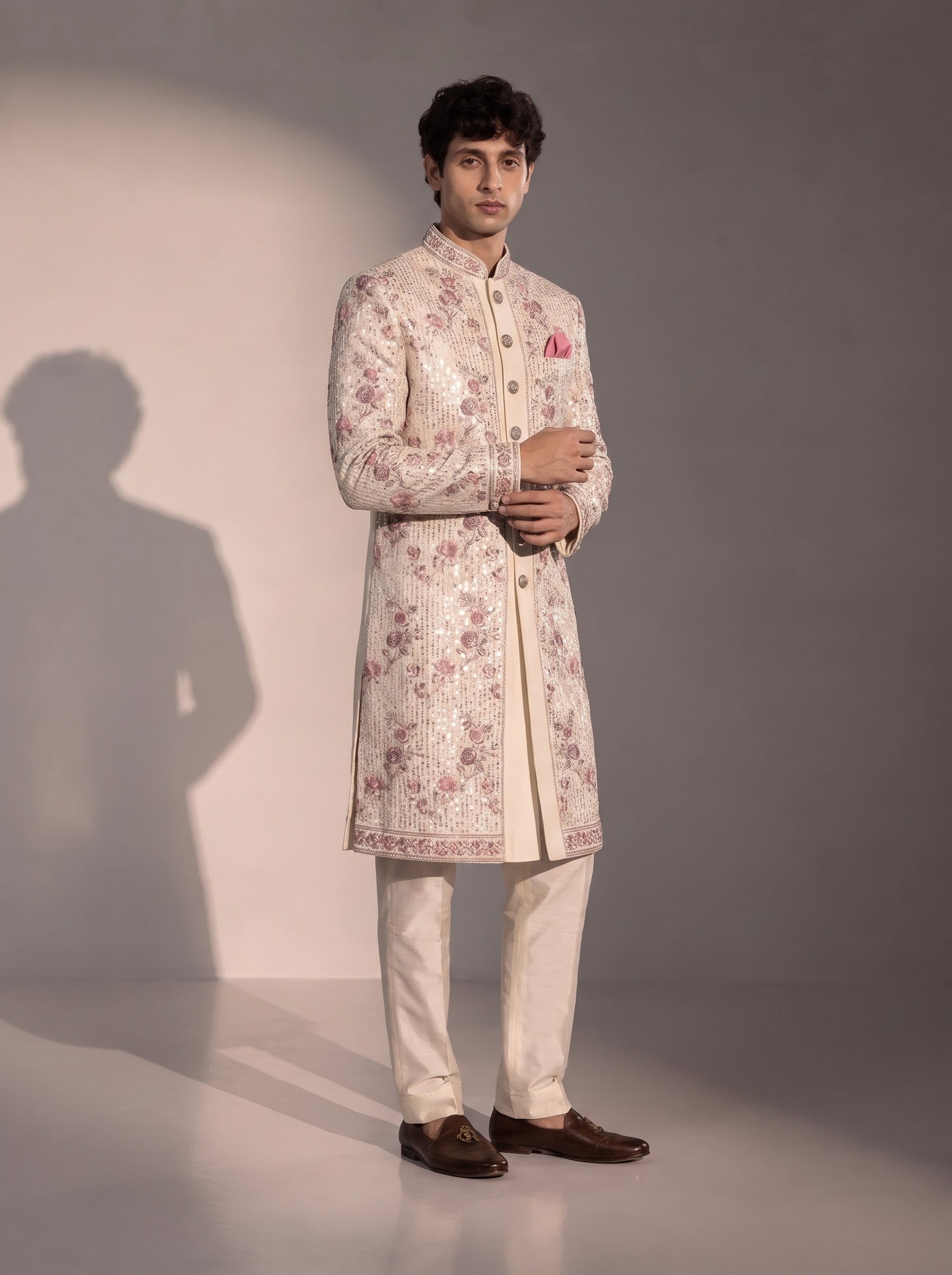 Beige floral embroidered silk indowestern for men - three-quarter view