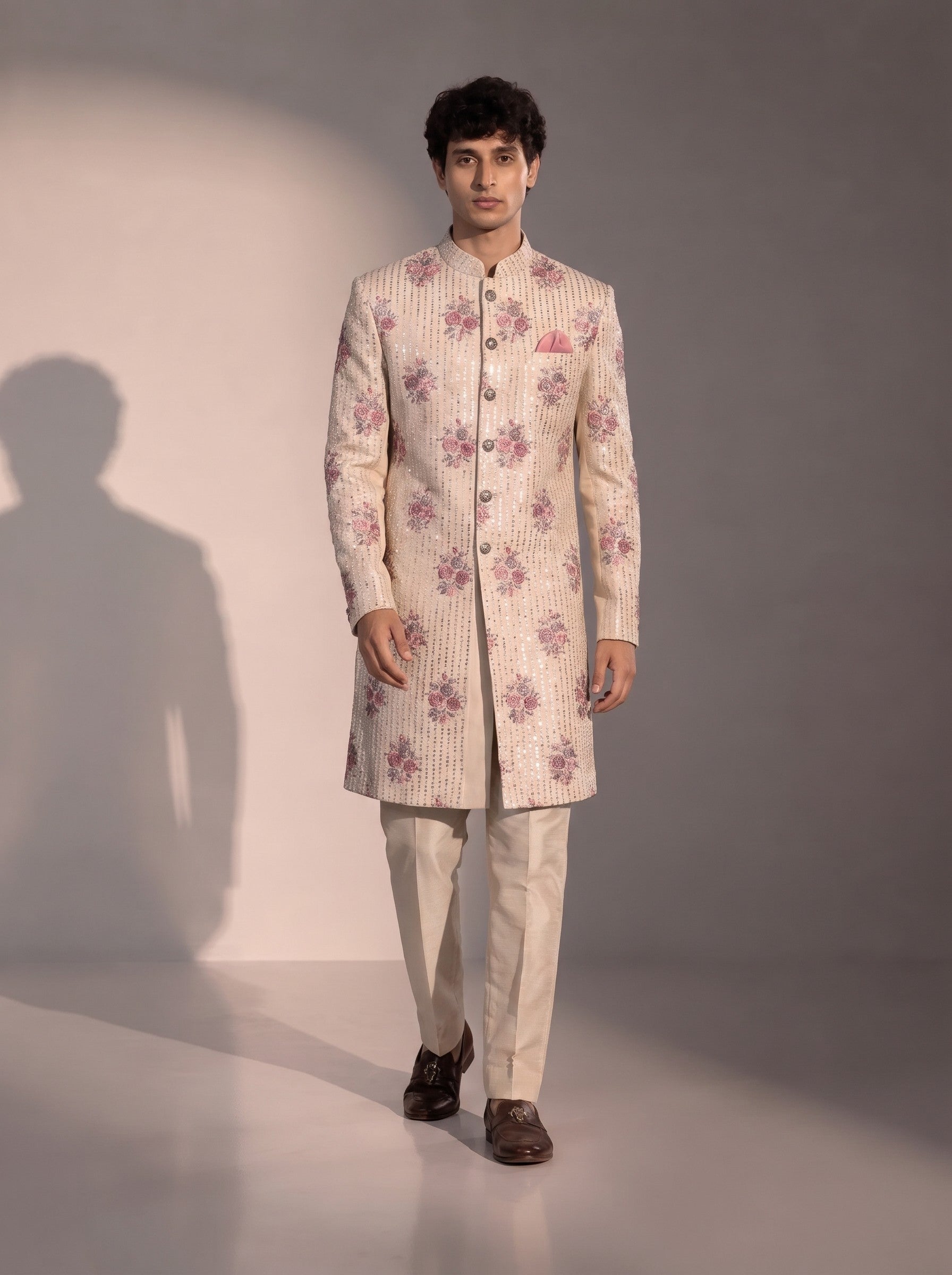Beige floral embroidered silk indowestern for men - full look