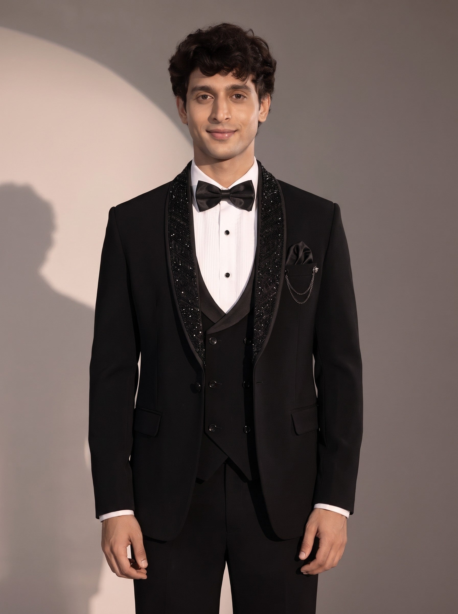 Black beaded shawl lapel tuxedo suit for men - close-up of lapel and detailing
