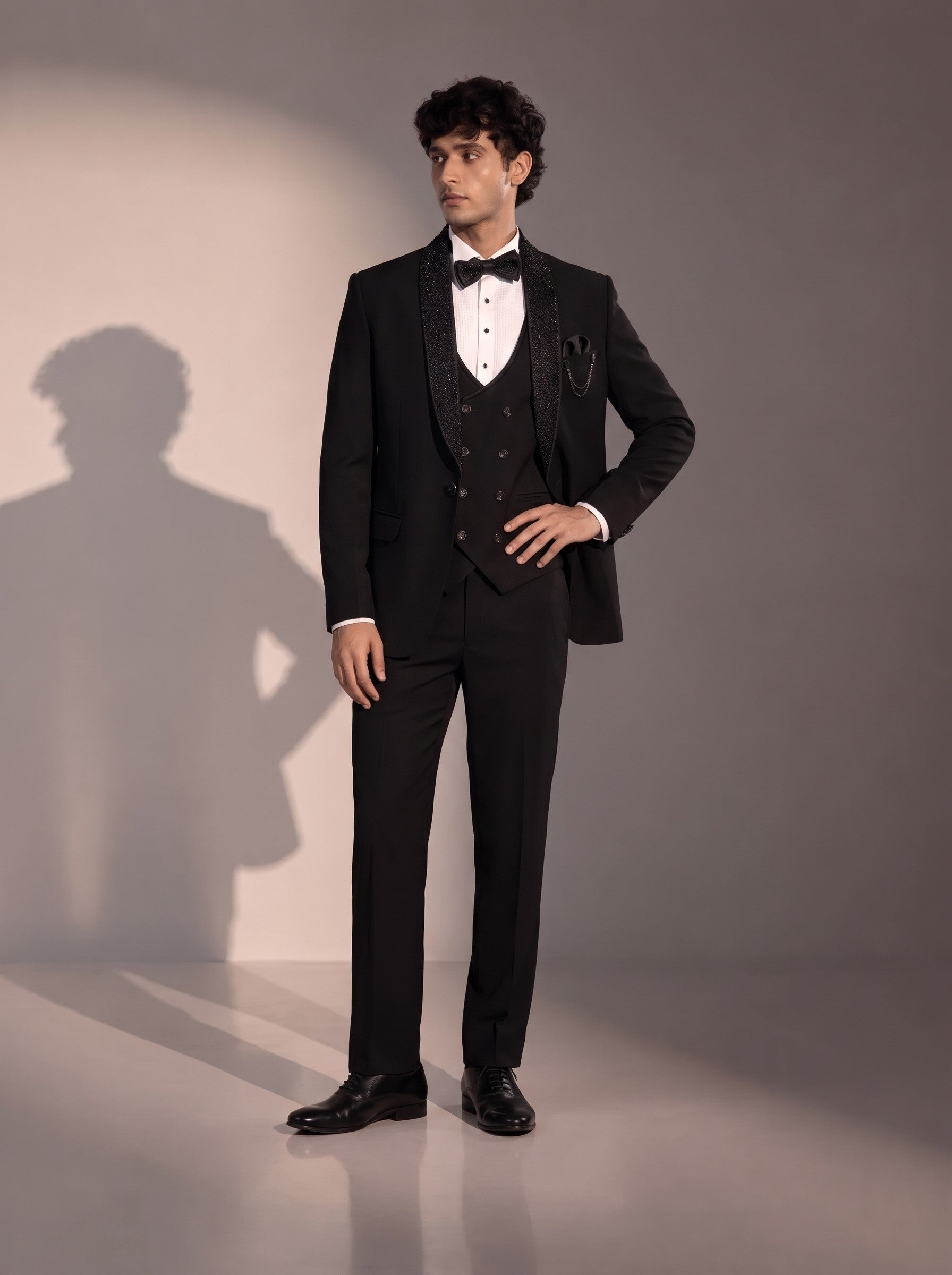 Black beaded shawl lapel tuxedo suit for men - front view