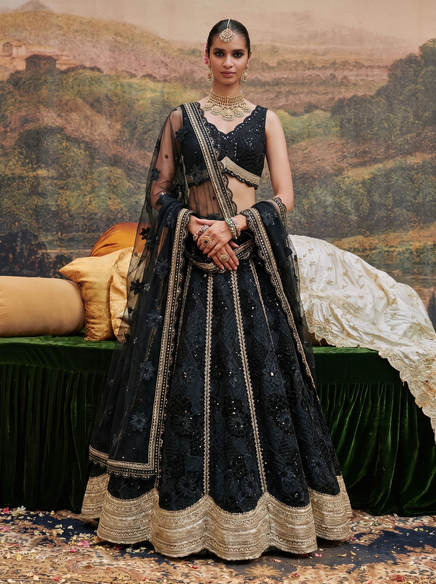 Black georgette embroidered lehenga set with net dupatta - front view